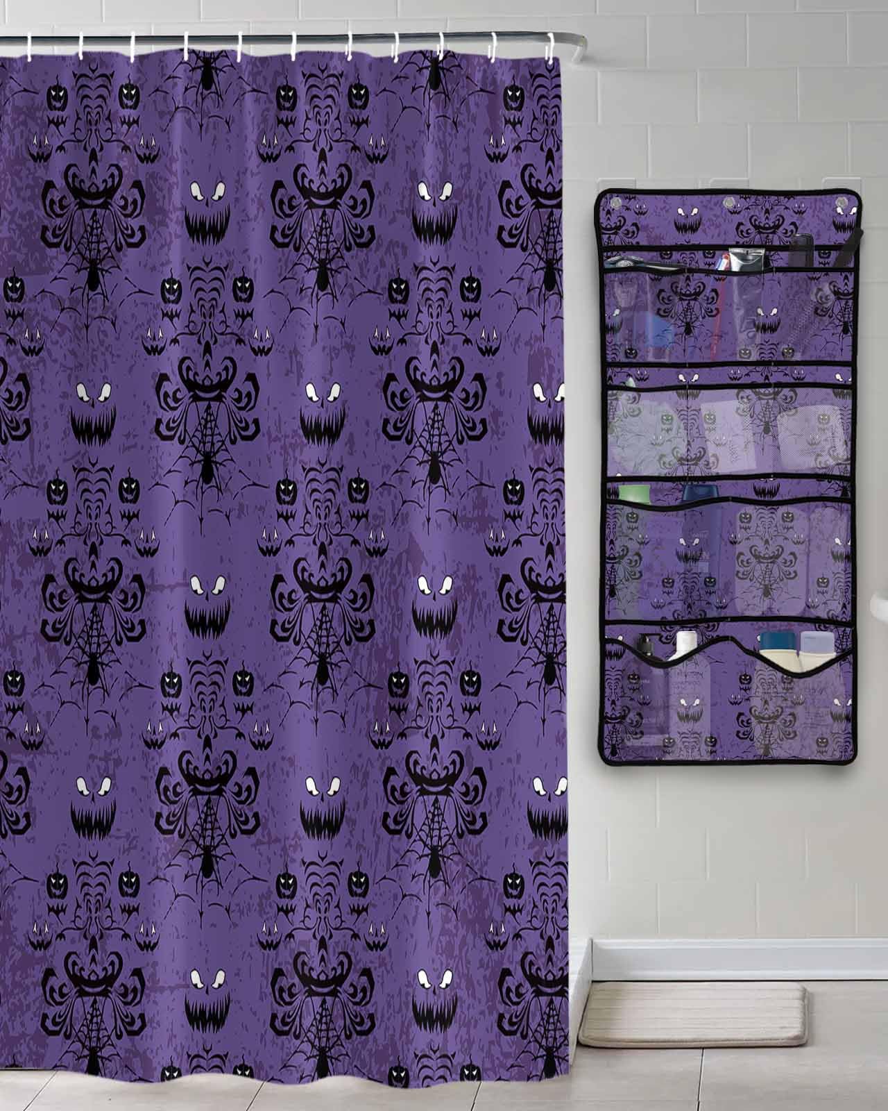 Shower Curtain Mesh Shower Organizer Hanging Set Halloween Haunted Ghost House Mansion Spider Waterproof Shower Curtains with 10