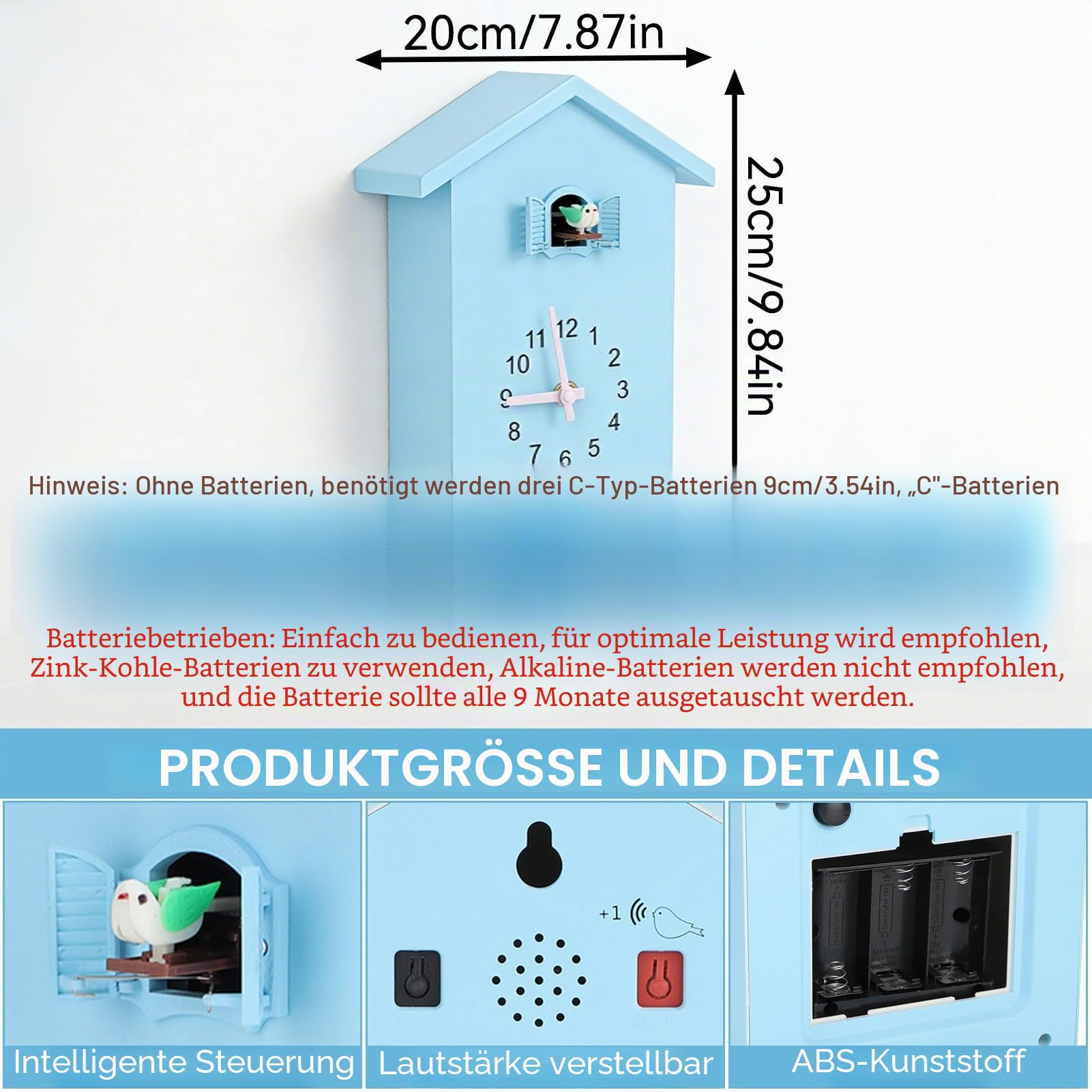 HERCHR Moderne Kuckucksuhr, Birdhouse blau Wanduhr Kuckucksuhr aus dem Fenster, Kleiner Vogelstunden Uhr für Zuhause Wohnzimmer Küche Büro Dekor
