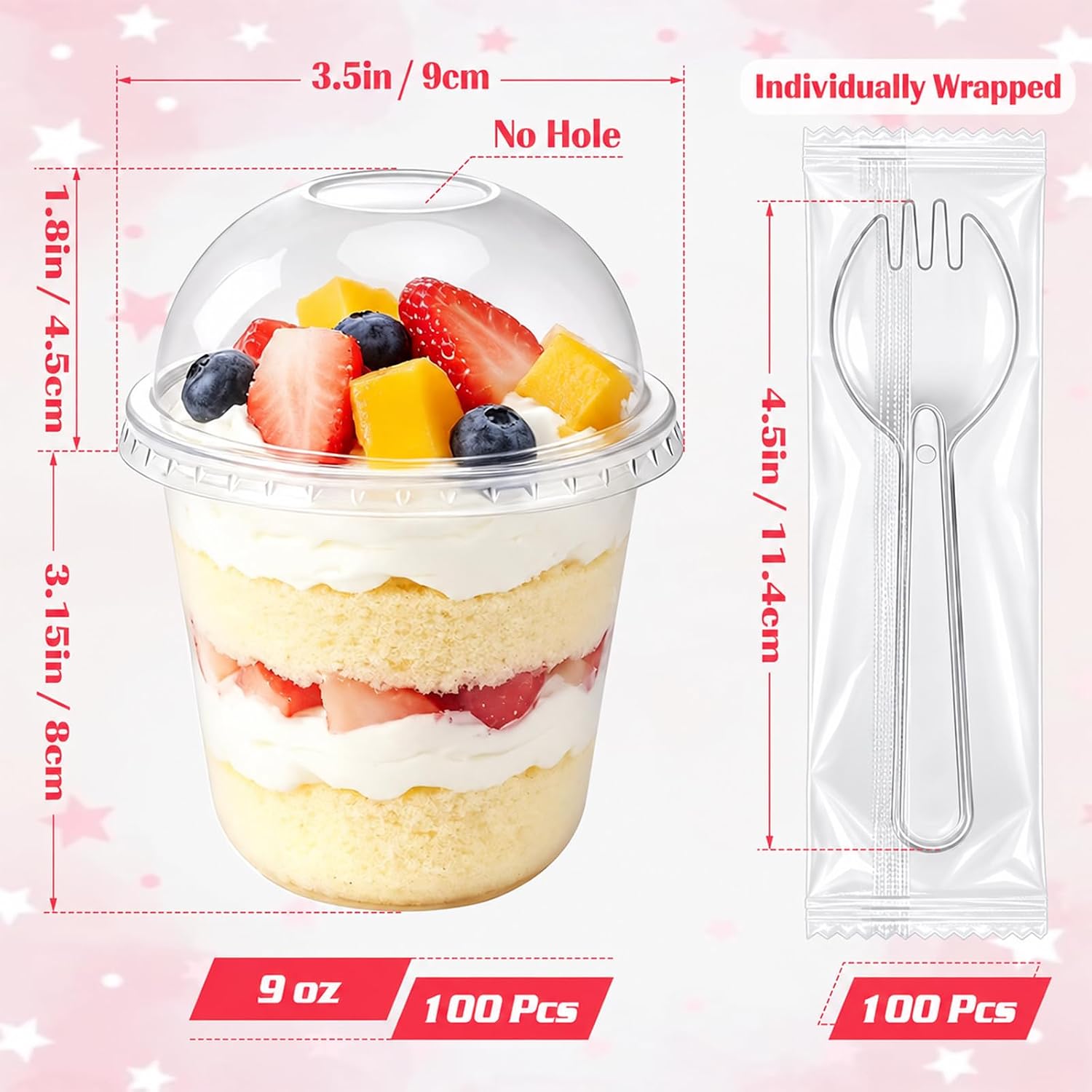 [100 Packs] 9 oz Disposable Dessert Cups with Dome Lids and Sporks