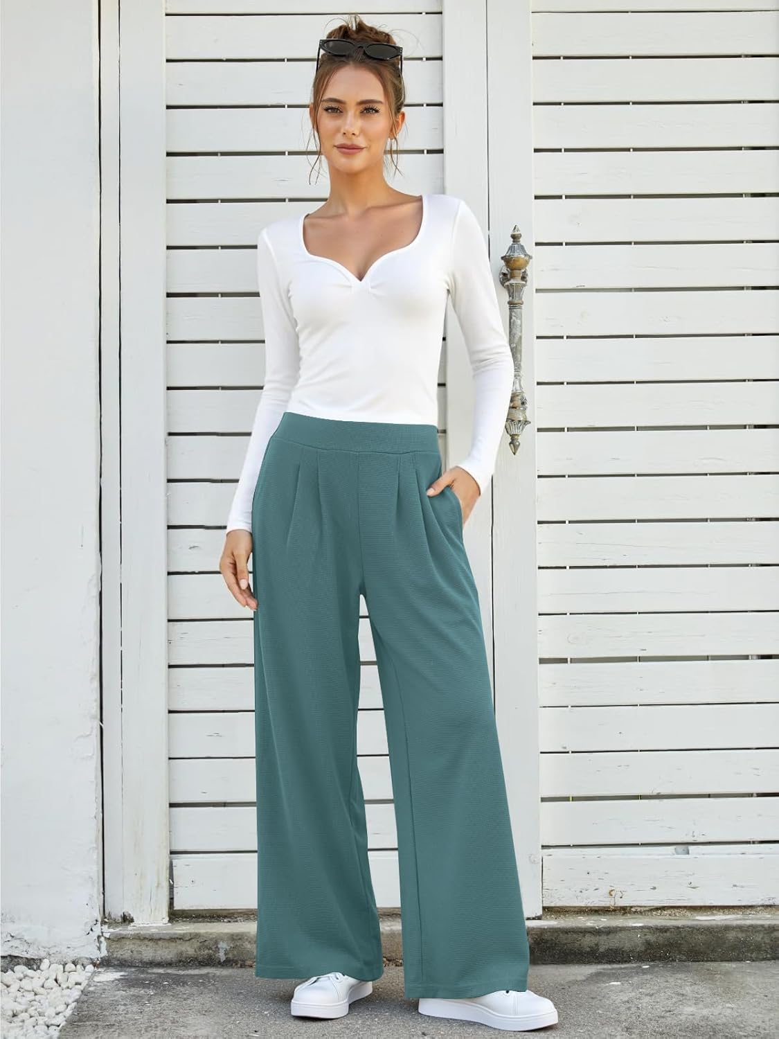 FireSwan Women's Wide Leg Pants Elastic High Waist Casual Palazzo Pants Trousers with Pockets - Image 2
