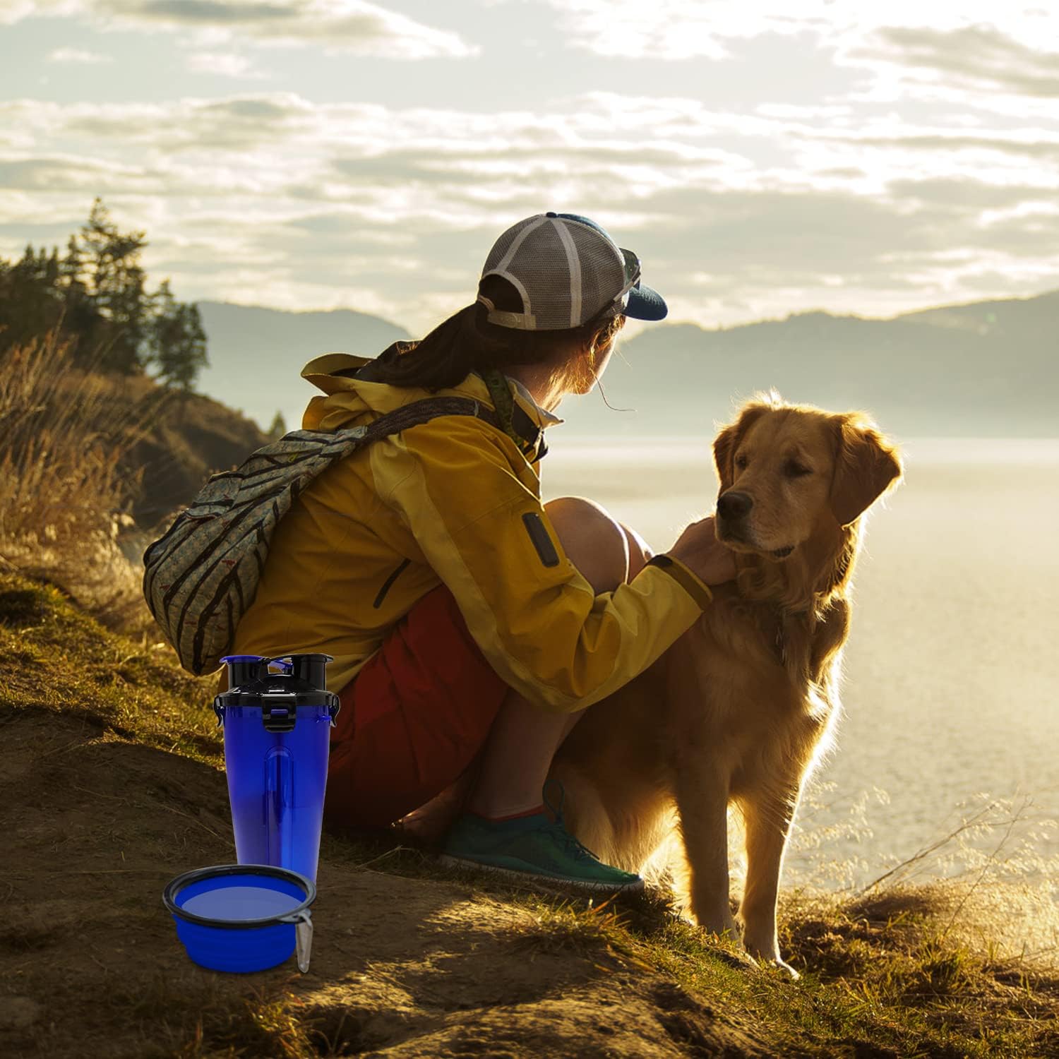 Dog Water Bottle Portable Dog Food Container Leak-Proof Cup with 2 Collapsible Slow Feeder Dog Bowls for Walking Hiking Travelling Camping