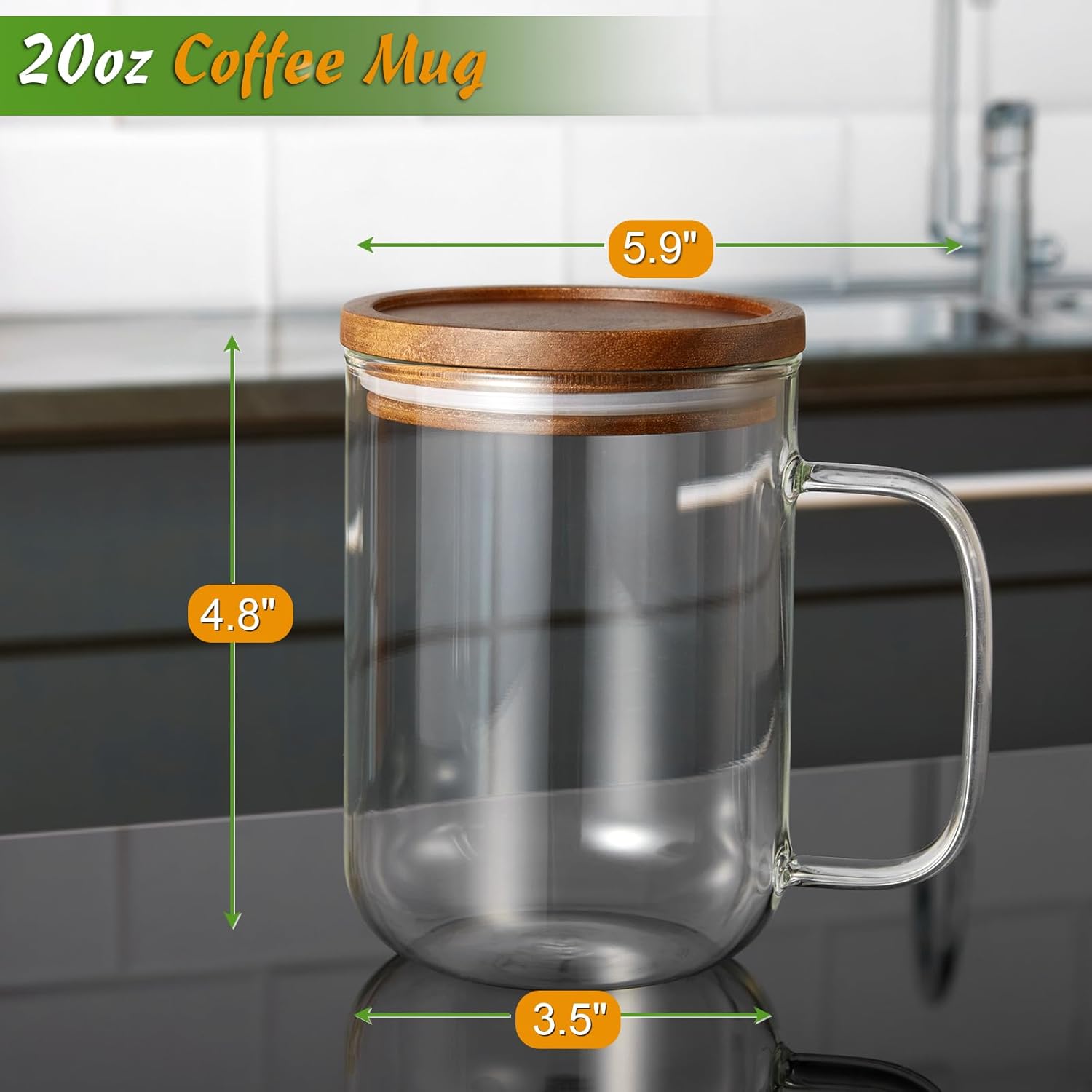 DRASTAR Glass Coffee Cups, 20 oz Large Coffee Mugs, Flat Bottomed Cups with Acacia Wood Lid, Glass Tea Cup with Handle, ClearTea Cup Set of 2 - Image 4