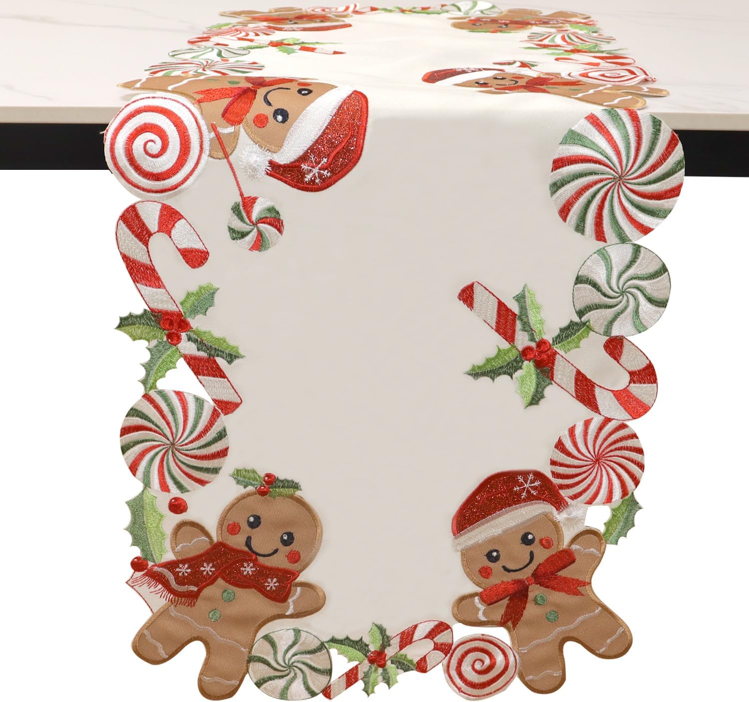 Gingerbread Table Runner Christmas Runners Embroidered Decorations Candy Cane 90 inches Long for Kitchen Dinning Coffee Table Home Holiday Party Decor