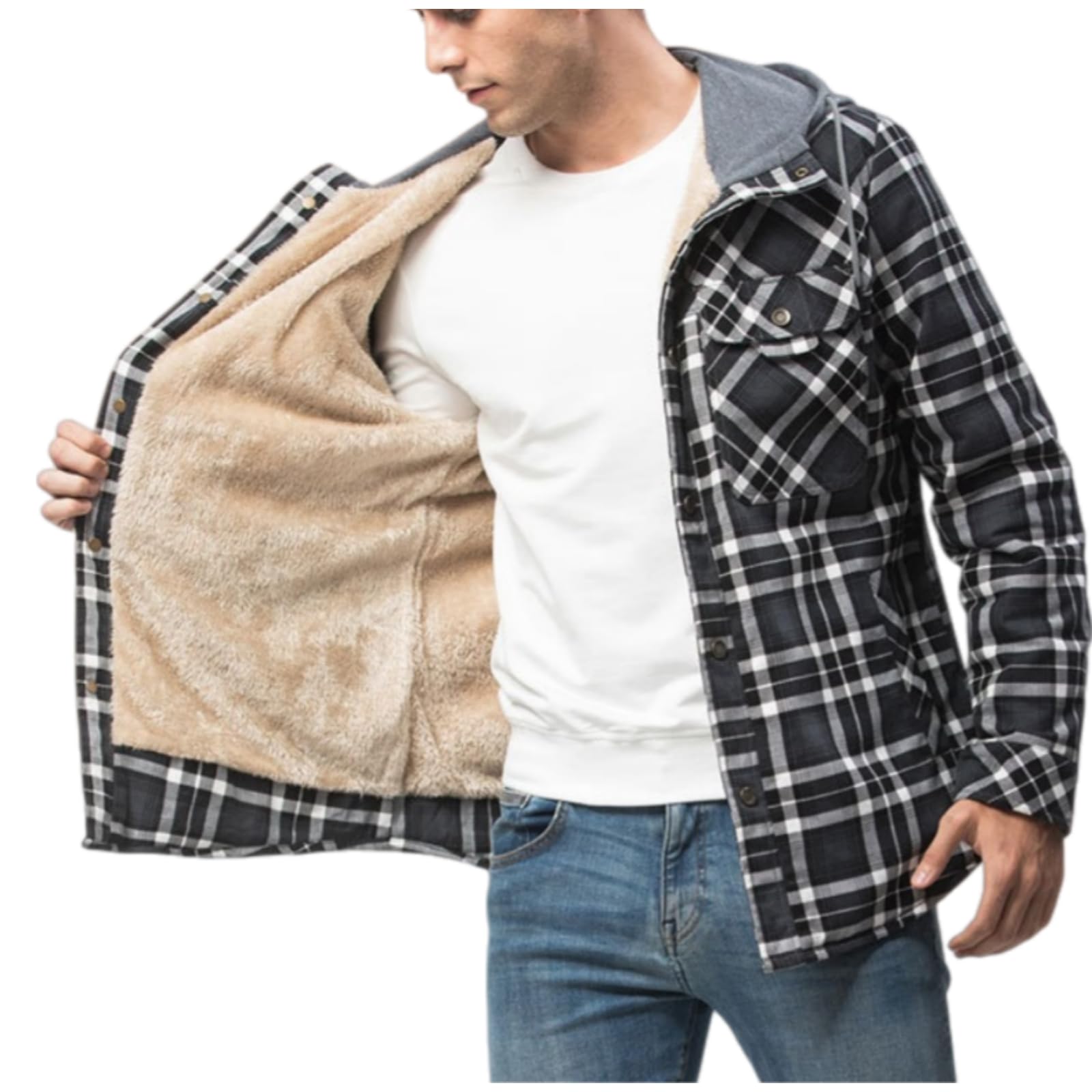 Męska flanelowa bluza z kapturem na co dzień, zapinana na guziki, bawełniana pikowana kurtka w kratę, ciepła podszewka z długim rękawem Sherpa bluza z kapturem męska