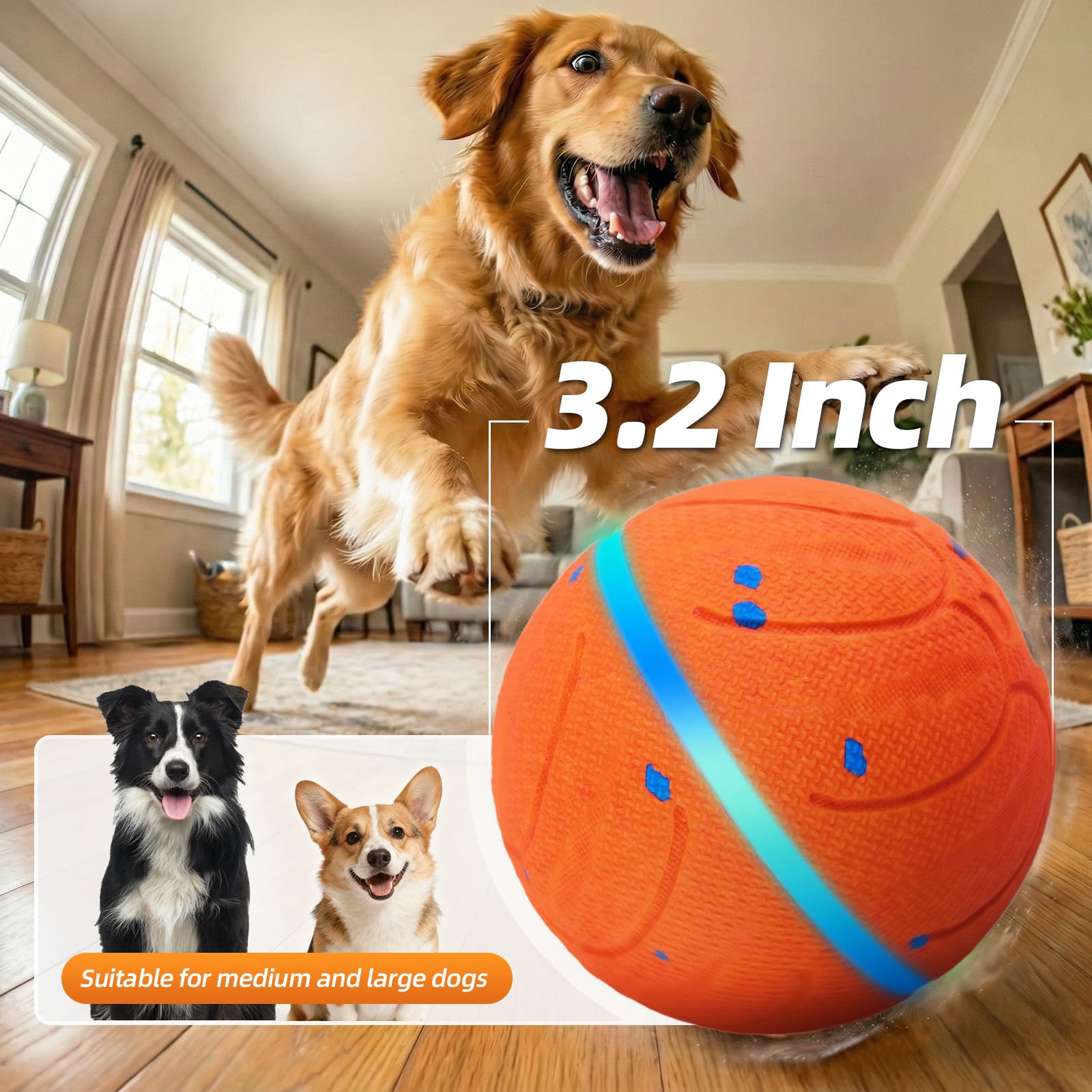 Balles interactives pour chien : balles mobiles automatiques de 8,9 cm pour chiens, 3 modes avec lumières colorées, matériau E-TPU durable, jouet actif auto-roulant, rebondissant et rotatif pour les
