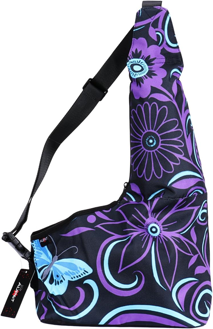 AUPET Hands-Free Pet Carrier, Comfortable Puppy Cats Small Dog Carriers Travel Bag, Oxford Outdoor Pets Carriers Sling Bag Dog Carrier with Adjustable Shoulder strap (Purple and Blue Butterfly)