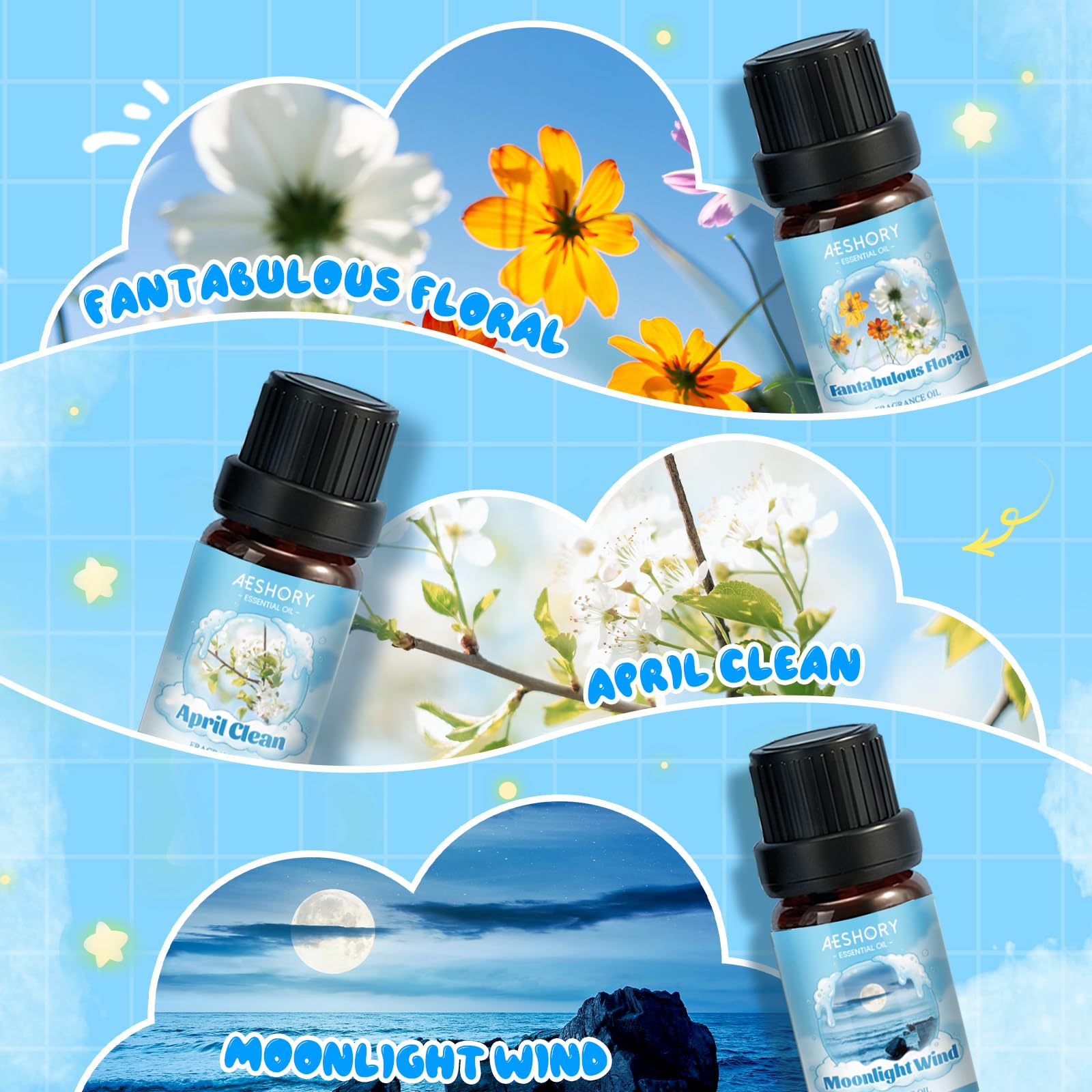 Aeshory 6 x 10ml Zestaw Olejków Eterycznych Do Prania, Naturalny Olejek Zapachowy Do Dyfuzora, Produkcja Mydła – Świeże & Czyste Powietrze, Kwietniowa Czystość, Fantastyczne Kwiaty, Santal & Wetyweria