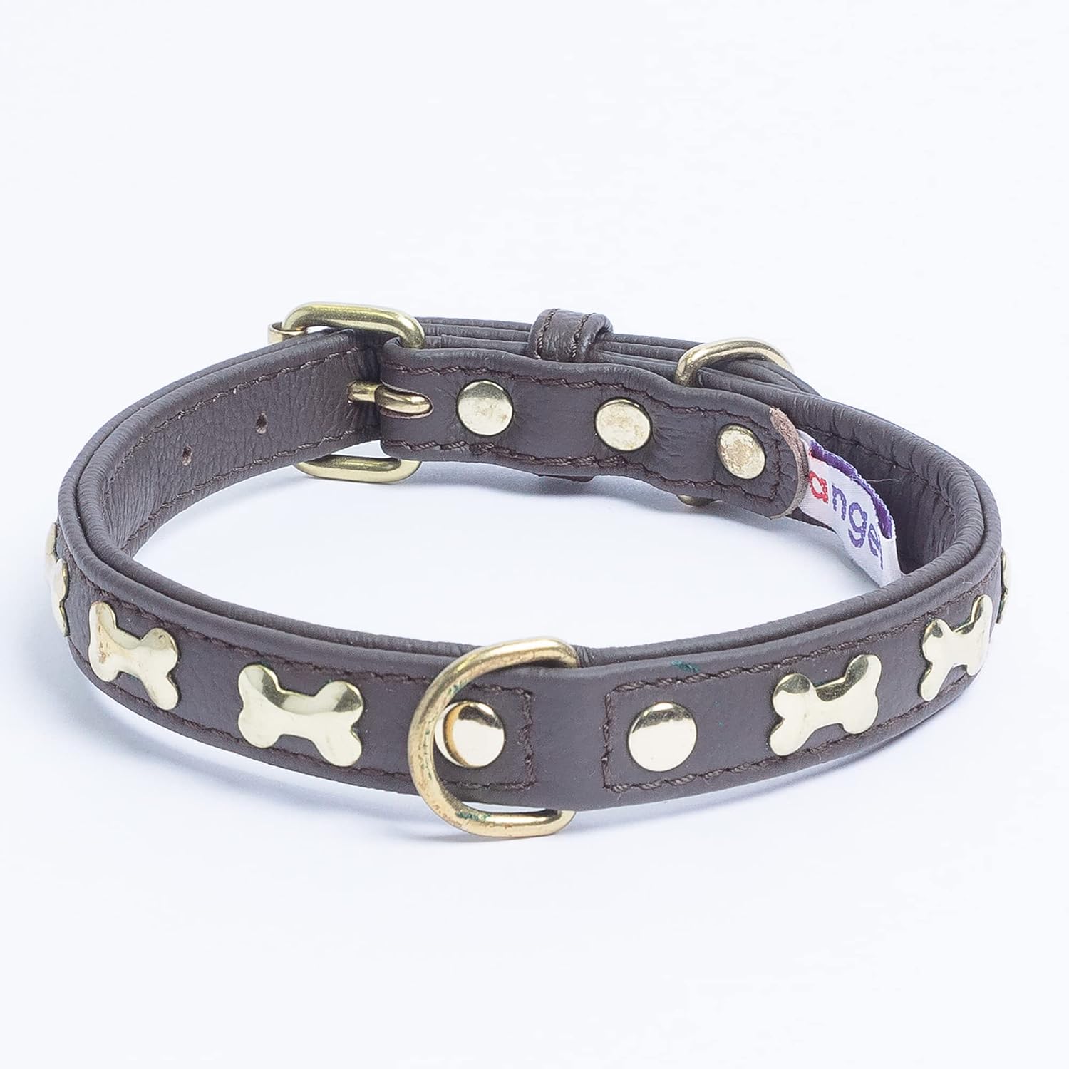 Angel Pet Supplies Genuine Leather Bones Studded Dog Collar, Soft and Durable Padded Leather. (18” x 3/4”, Chocolate Brown), Medium (41291)