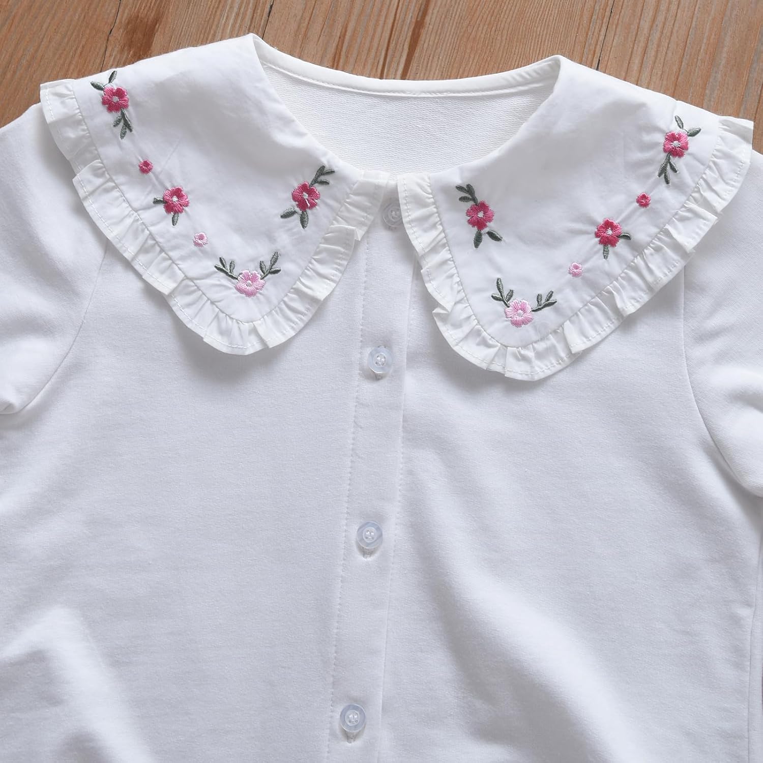 Girls Peter Pan Collar Blouse, White Long Sleeve Button Down Shirt with Floral Embroidery, Ruffle Trim - Image 4