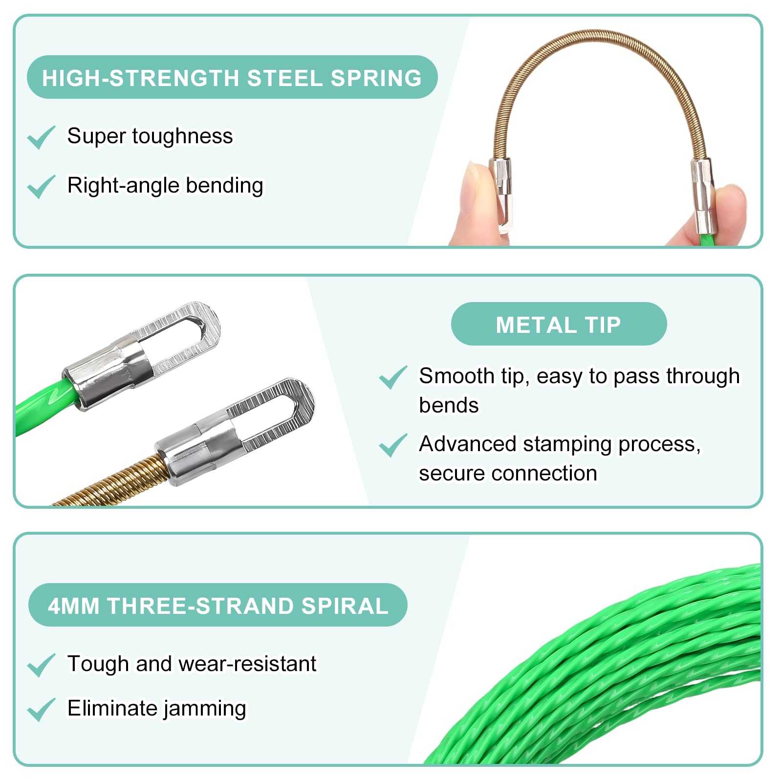 20m Sonda Passacavi Sonda Elettricista 4 mm con 2 Molla di Guida Sonda Tiracavi Cavo Adatta A Tubi Di Tiraggio Cavi Estrattore Cavi Per Cavi Elettricista