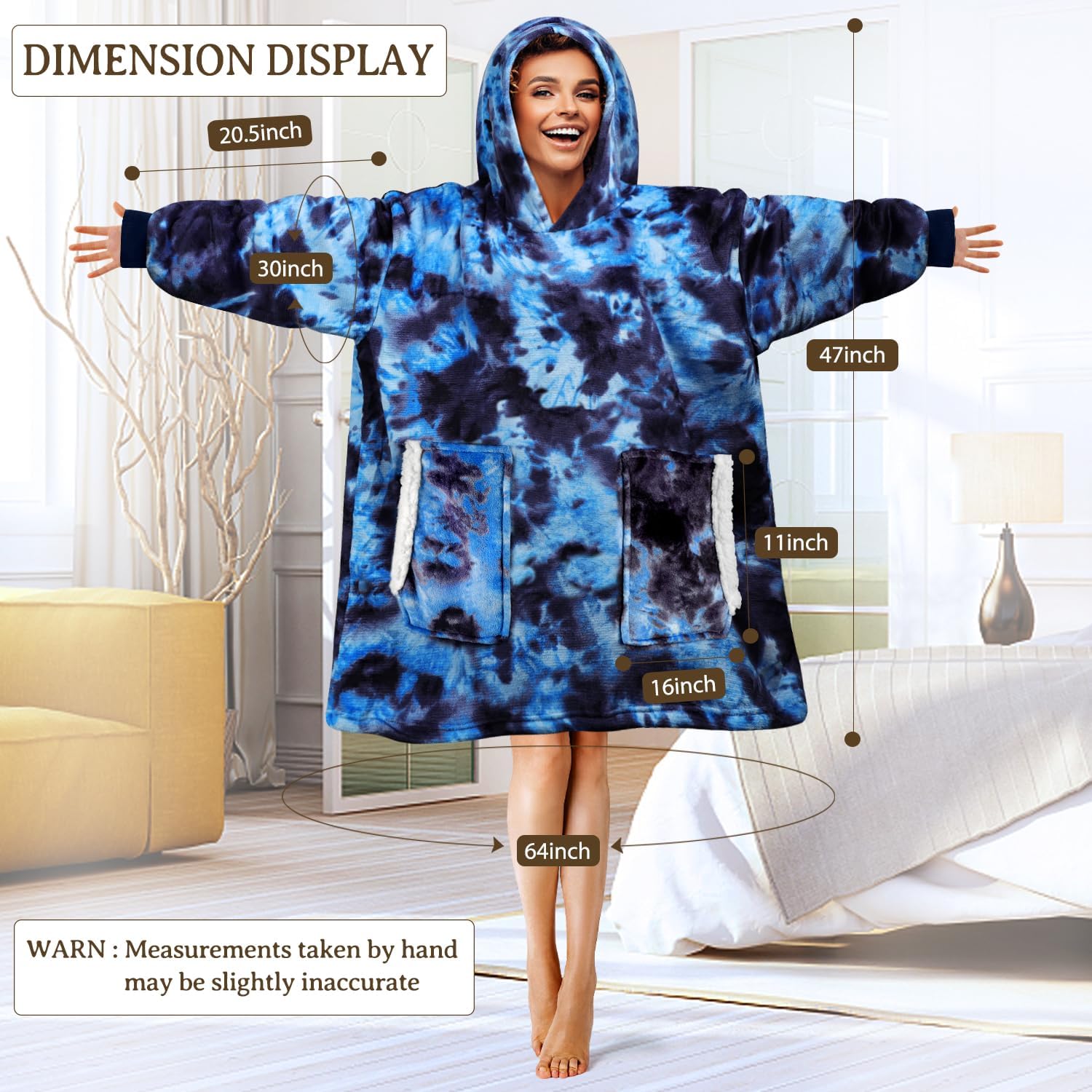 Wearable Blanket Hoodie Gifts for Adults Mom Women Men Oversized Fluffy Hoodie Cozy Hideout Hoodie Sweatshirt Sweater Blanket with Pocket (Tie-Dye-Blue) - Image 4