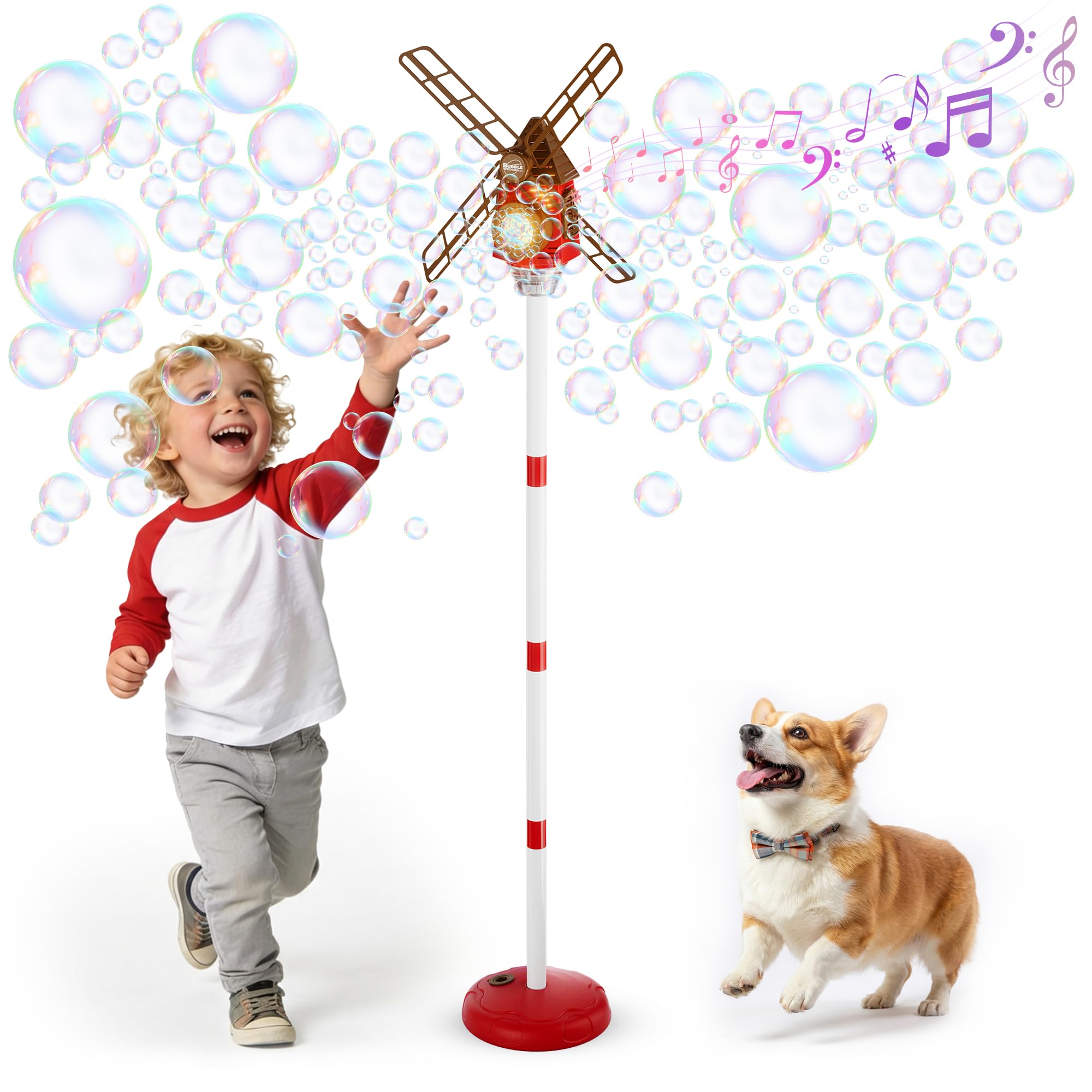 Belemar Windmühlen-Seifenblasenmaschine mit Licht und Musik, bis zu 1,3 m höhenverstellbar, 130-ml-Tank, batteriebetriebene Seifenblasenmaschine für Kinder, Geburtstage, Partys und Garten