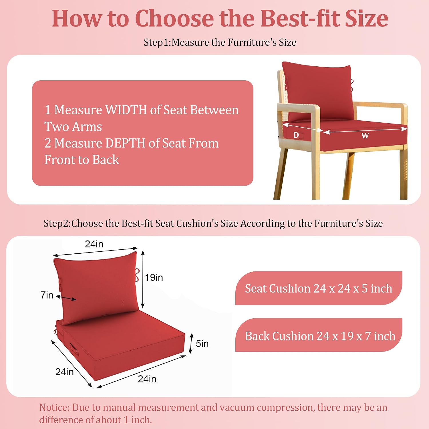 Outdoor Chair Cushion, 24 x 24 Inch Waterproof Deep Seat Patio Cushions Set of 2, Loveseat Cushions for Outdoor Furniture, 4" Thick Patio Furniture Cushion with Handle Straps, Red