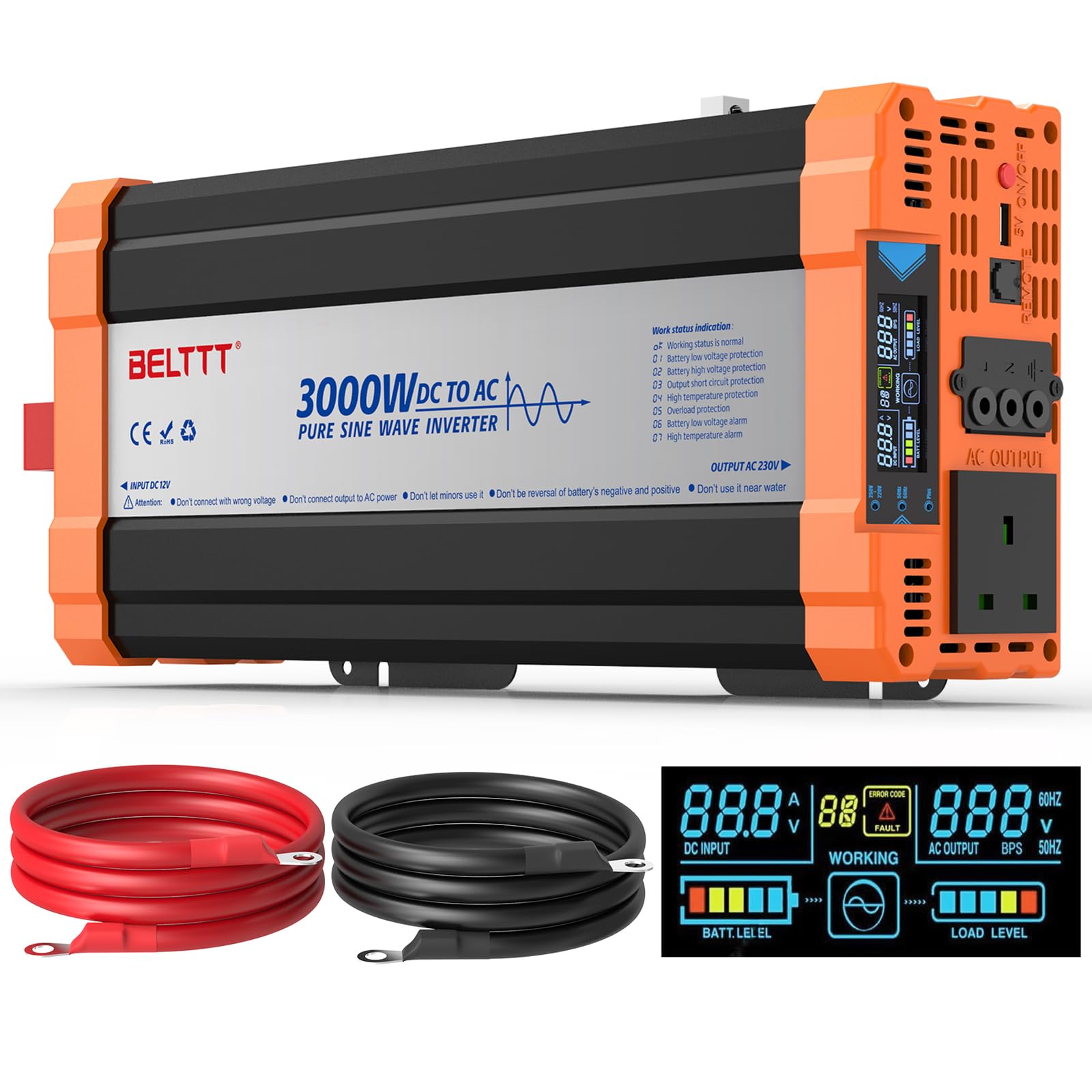 Rewing 1500W Power Inverter 12V to 230V AC Pure Sine Wave Inverter,Car Inverter DC 12v to AC 230V UK with AC Sockets Dual Car Adapter With LED Display Suitable for Travel, RV, Camping — view 12