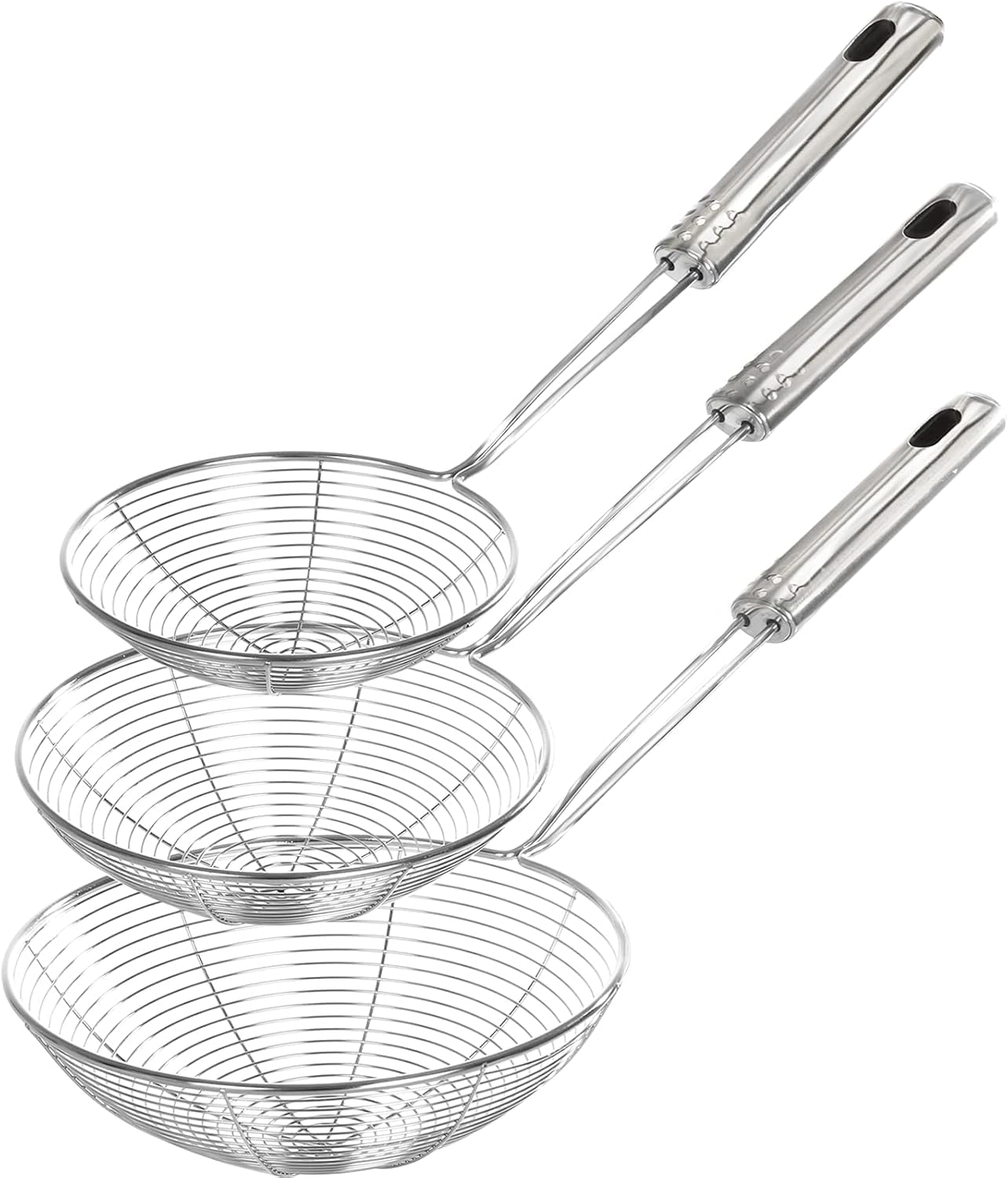 Enhanced Version Stainless Steel Spider Strainer Skimmer Ladle, Set of 3 Sizes Kitchen Strainer Spoon for Cooking and Frying, Pasta Strainer, Food Preparation-32.5cm, 36cm, 38cm