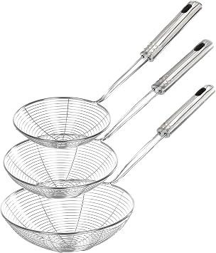 Enhanced Version Stainless Steel Spider Strainer Skimmer Ladle, Set of 3 Sizes Kitchen Strainer Spoon for Cooking and Frying, Pasta Strainer, Food Preparation-32.5cm, 36cm, 38cm