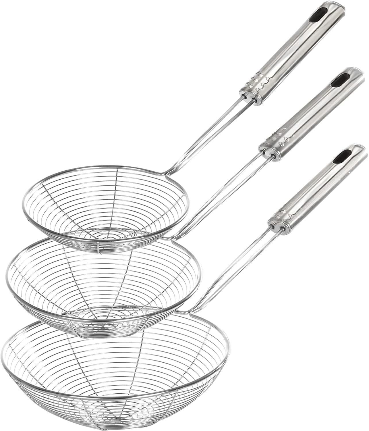 Fancymay Stainless Steel Spider Strainer Skimmer Ladle Set of 3 Sizes for Cooking, Frying, and Food Preparation - Kitchen Pasta Strainer, 38X15.5X5 Cm, Silver-image-22