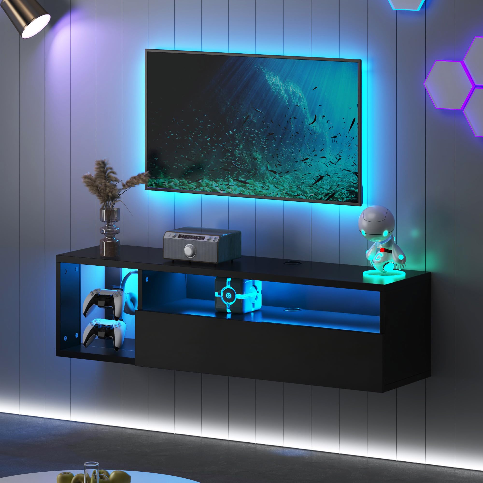 DlandHome Floating TV Stand with LED Light, 39.3’’ Wall-Mounted Media Console, Floating Shelf for Under TV Wall Mount with Storage Shelf for Bedroom