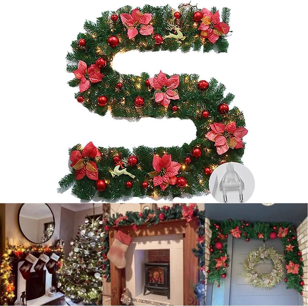 Jorunb Christmas Garland with Lights,50 LED Artificial Garland with Vines Poinsettia Pinecones 8 Red Berries 12Christmas Balls 6 Flowers for Indoor Outdoor Xmas Holiday Door(red)