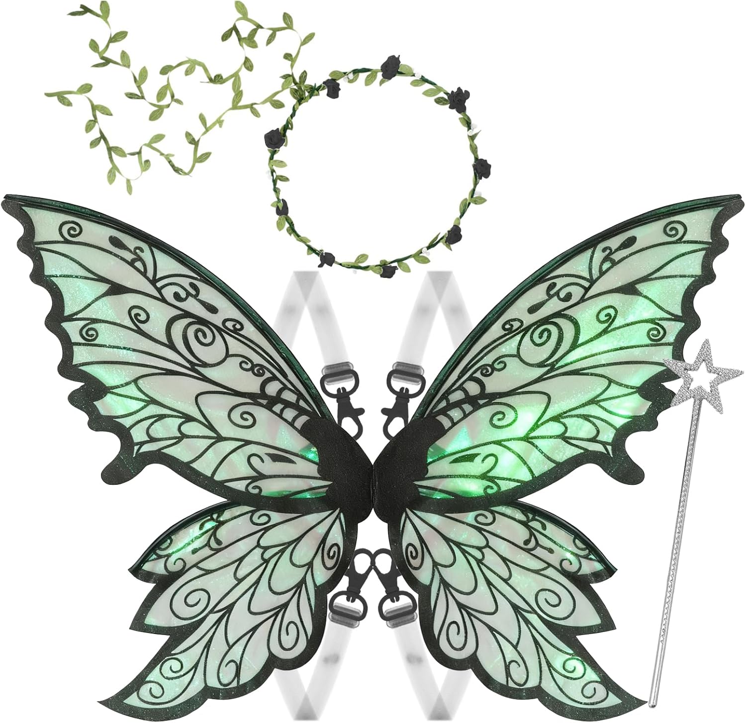 LOHZAQ Fairy Wings for Adults Girls Fairy Costume,Adjustable Transparent Straps,30"x25" Wings for Parties Halloween Cosplay Black