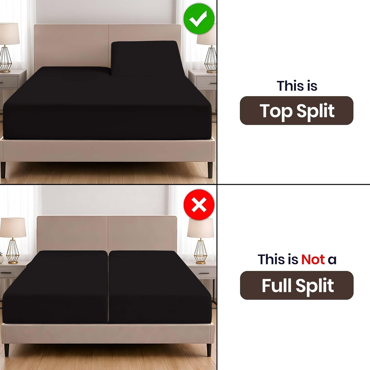 SGI bedding Adjustable Split Head Flex Top King 34" Microfiber Sheet Set – Ultra Soft, Cooling & Deep Pocket 15” Fitted, 4-Piece Breathable & Durable Bedding Set for Split King Beds -Black
