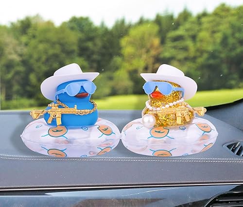 Miniatura 6 de Adorno de pato de goma para automóvil, decoración de tablero de automóvil con mini sombrero, collar, gafas de sol y accesorio genial para tablero de