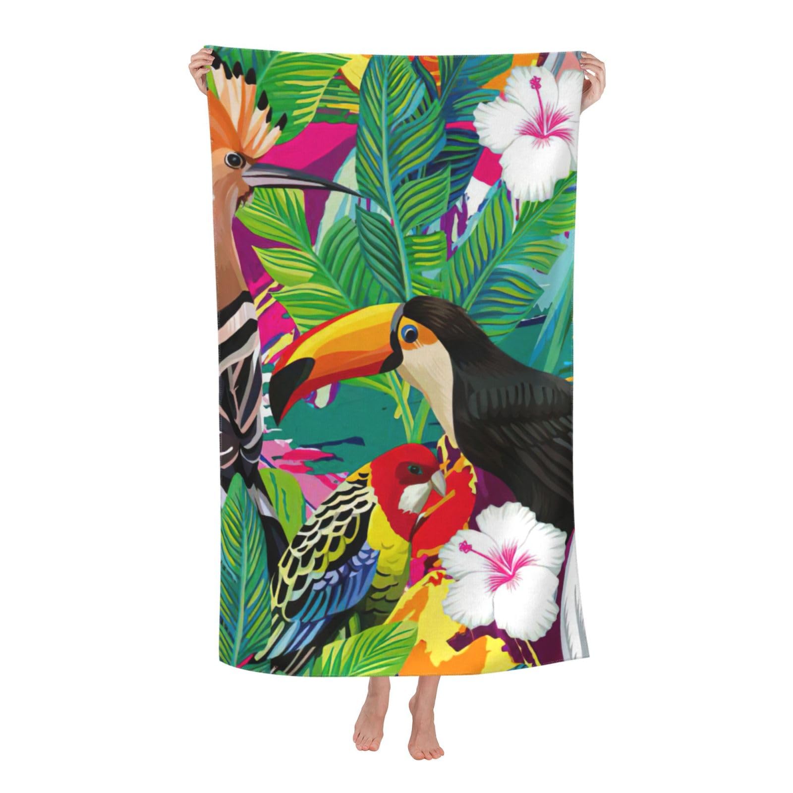NImongt Tropical Birds And Plant Leaf Print Oversized Adult Beach Towel For Travel Weekend Getaways Festivals Camping Trips