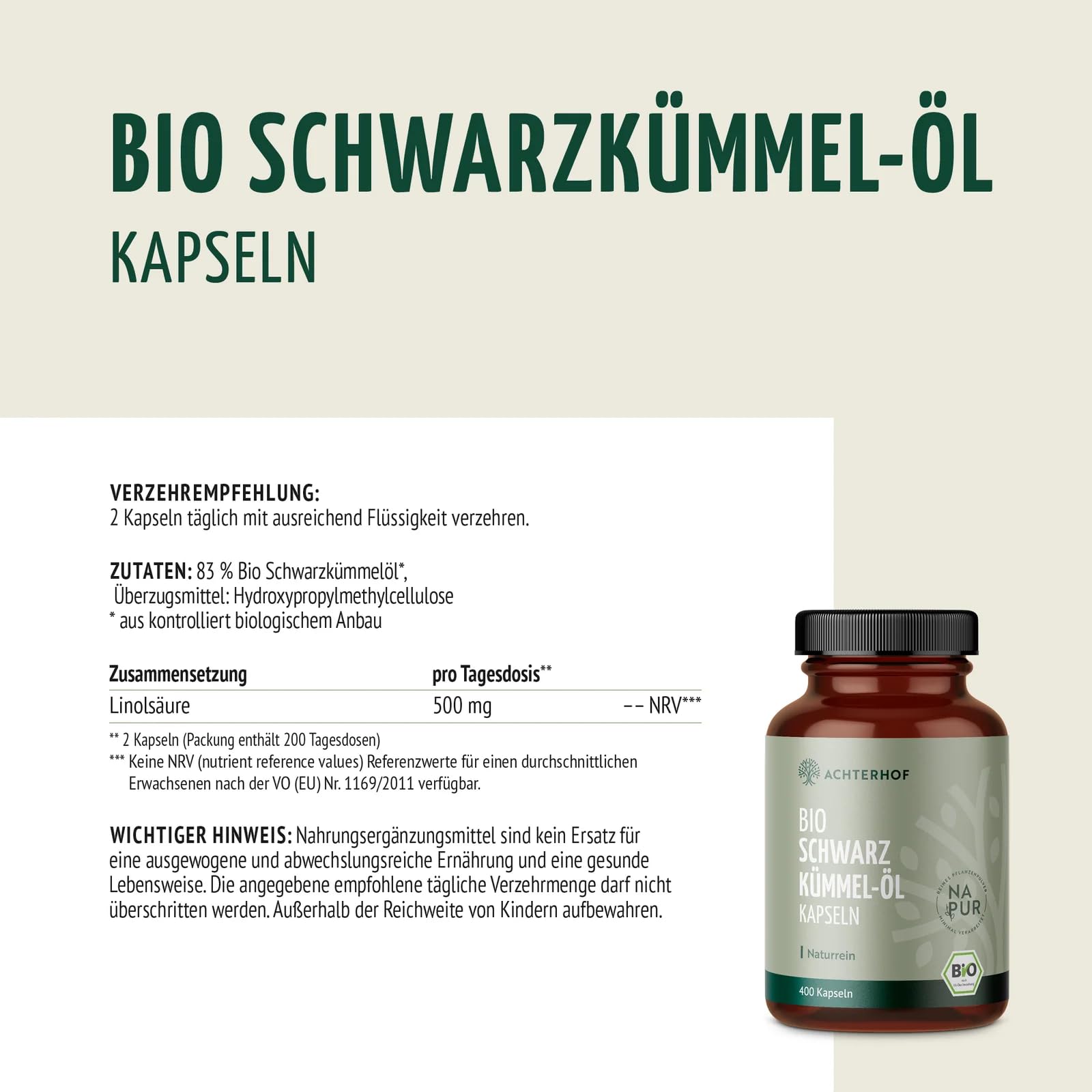 Bio Schwarzkümmel-Öl Kapseln 400 Stück | 1000mg pro Tagesdosis | naturbelassen und schonend kaltgepresst | vegan | höchste Bio-Qualität | vom Achterhof
