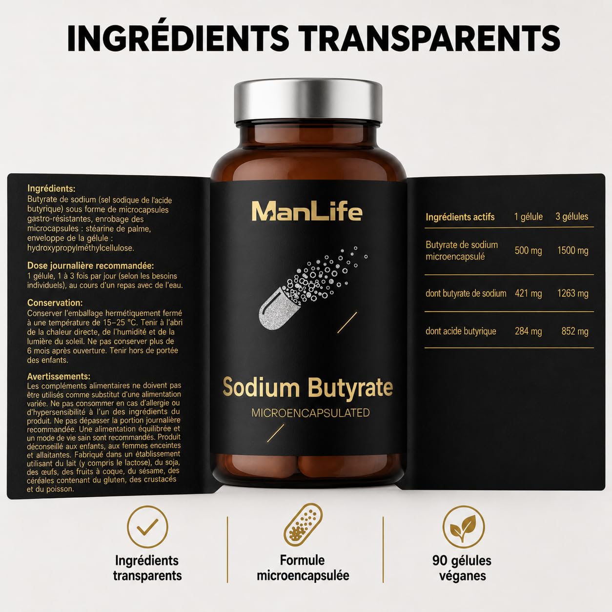 Butyrate de sodium 1500 mg microencapsulé, acide butyrique pour flore intestinale & microbiote | 90 gélules véganes | Sodium Butyrate – ManLife