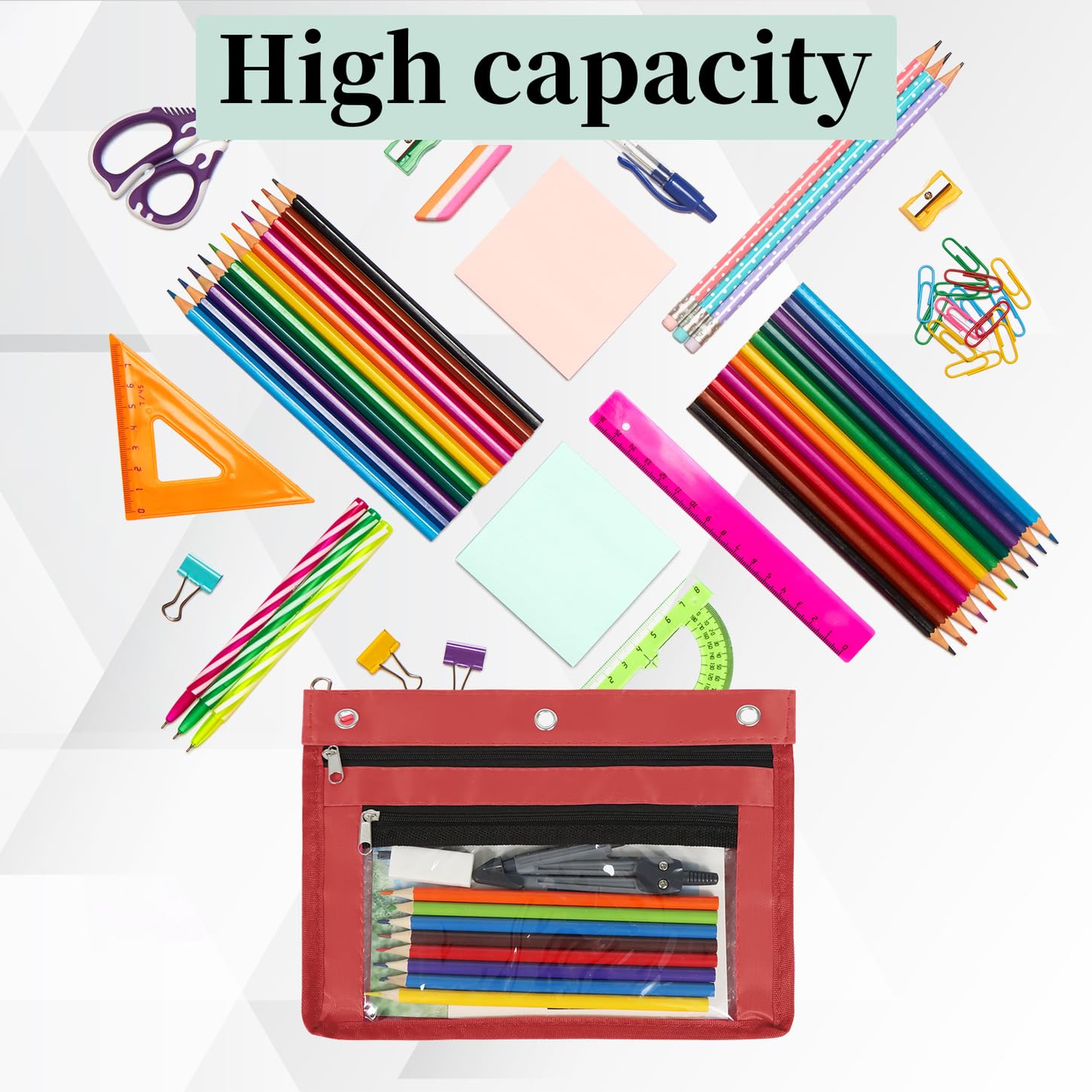 YoeeJob Estuche expandible de 1 pulgada para carpeta de 3 anillos, paquete de 2 bolsas de lápices de gran capacidad con cremallera, estuche transparente de tres anillos, adecuado para la escuela y la
