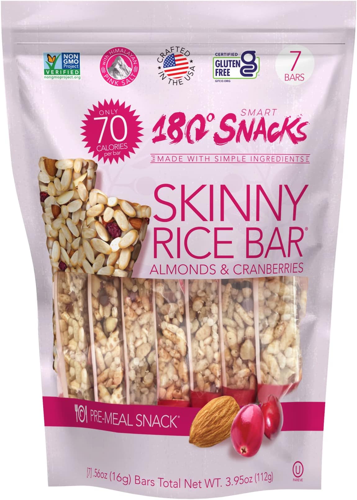Pre-Meal Snack Skinny Rice Bar with Himalayan Salt 1 Pack, 3.22oz (Cranberry & Almond)