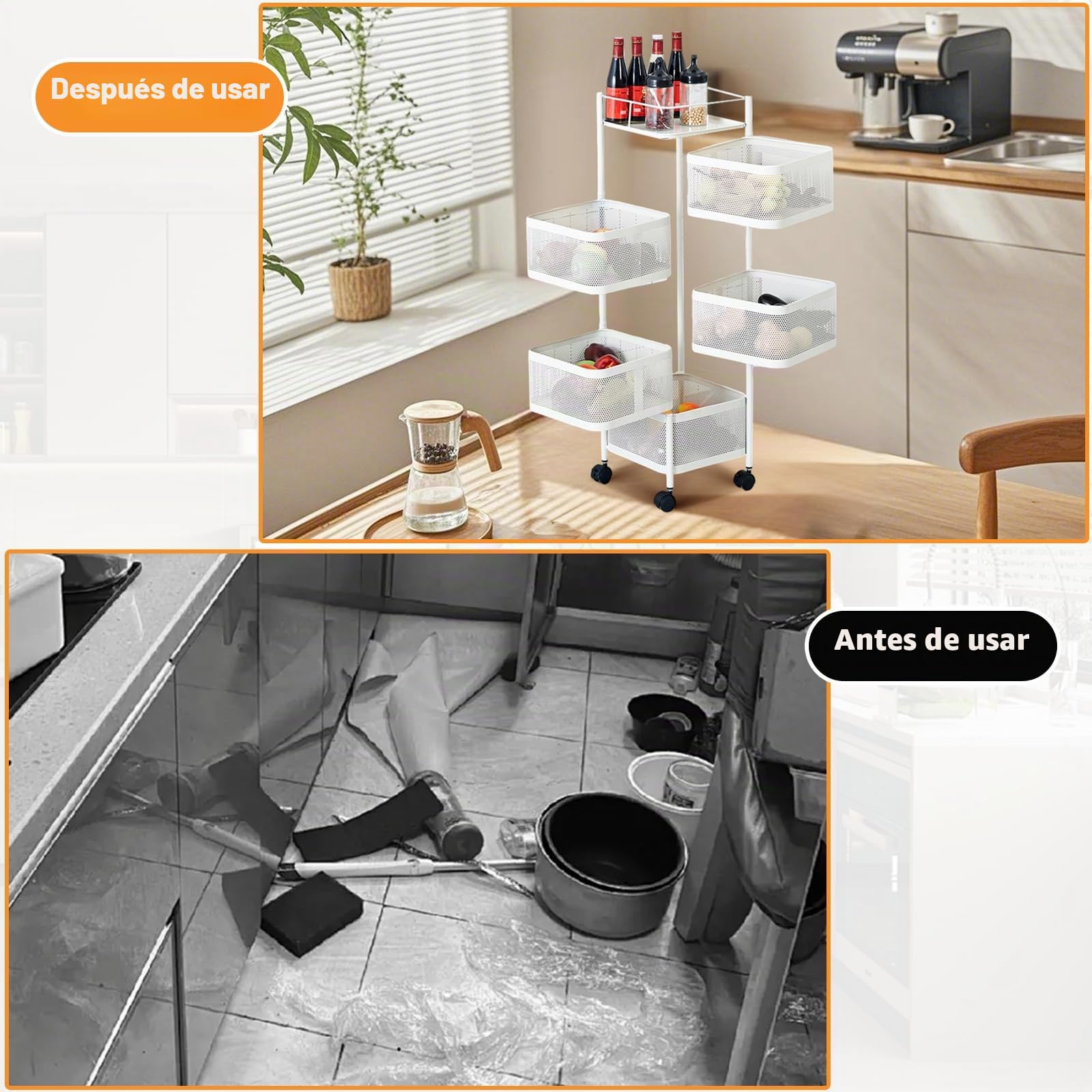 Carrito de Almacenamiento de 5 Niveles para Cocina, Estante de Verduras Giratorio de 360°, Carrito de Cocina con Ruedas, Estante de Almacenamiento de Acero al Carbono, Cesta de Frutas