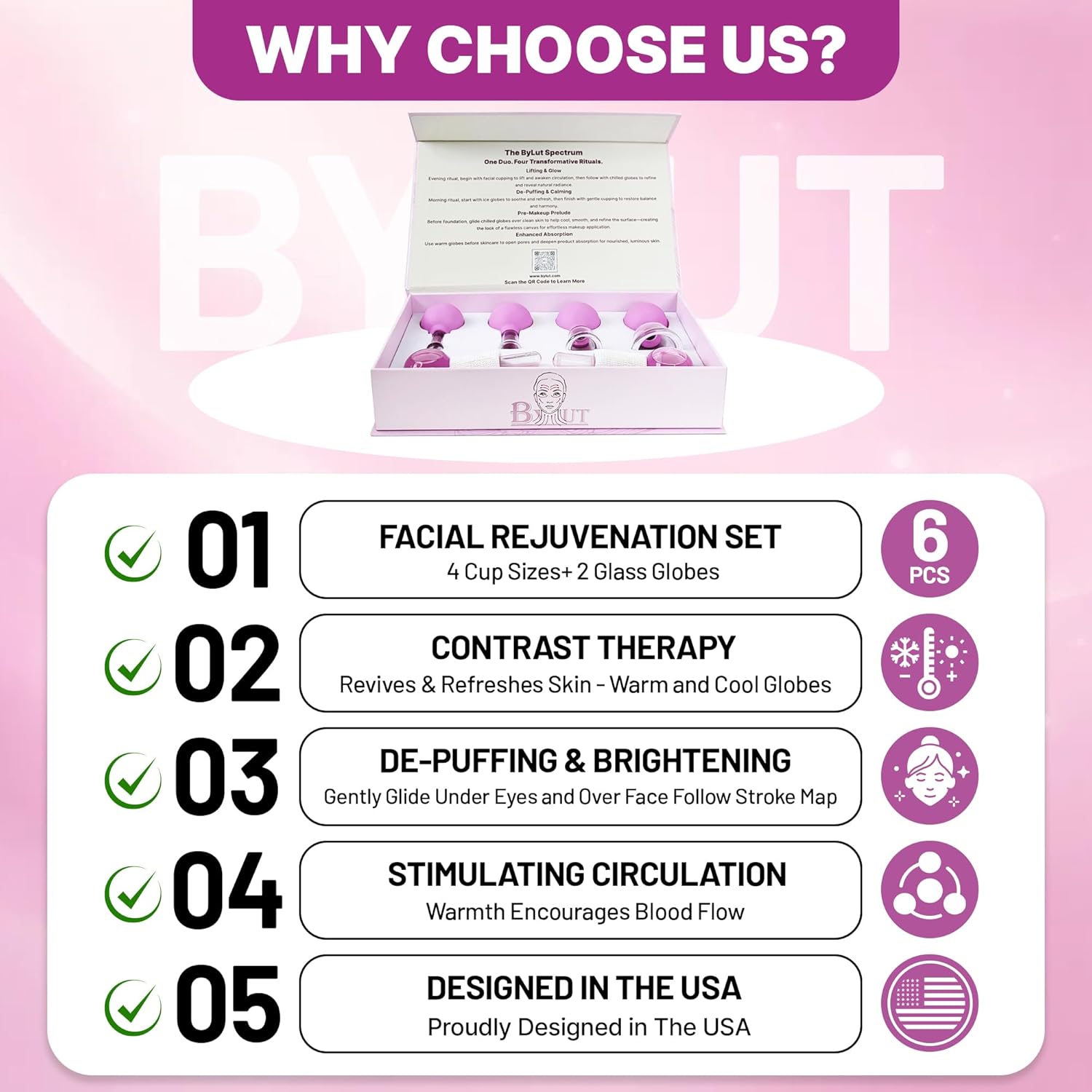 3-in-1 Ice Globes & Glass Facial Cupping Set, 2 Ice Globes for Face + 4-Size Facial Cupping Set for Face Lifting & Body Suction Cups, Facial Ice Roller for Depuffing, Heat & Cold Therapy-Purple