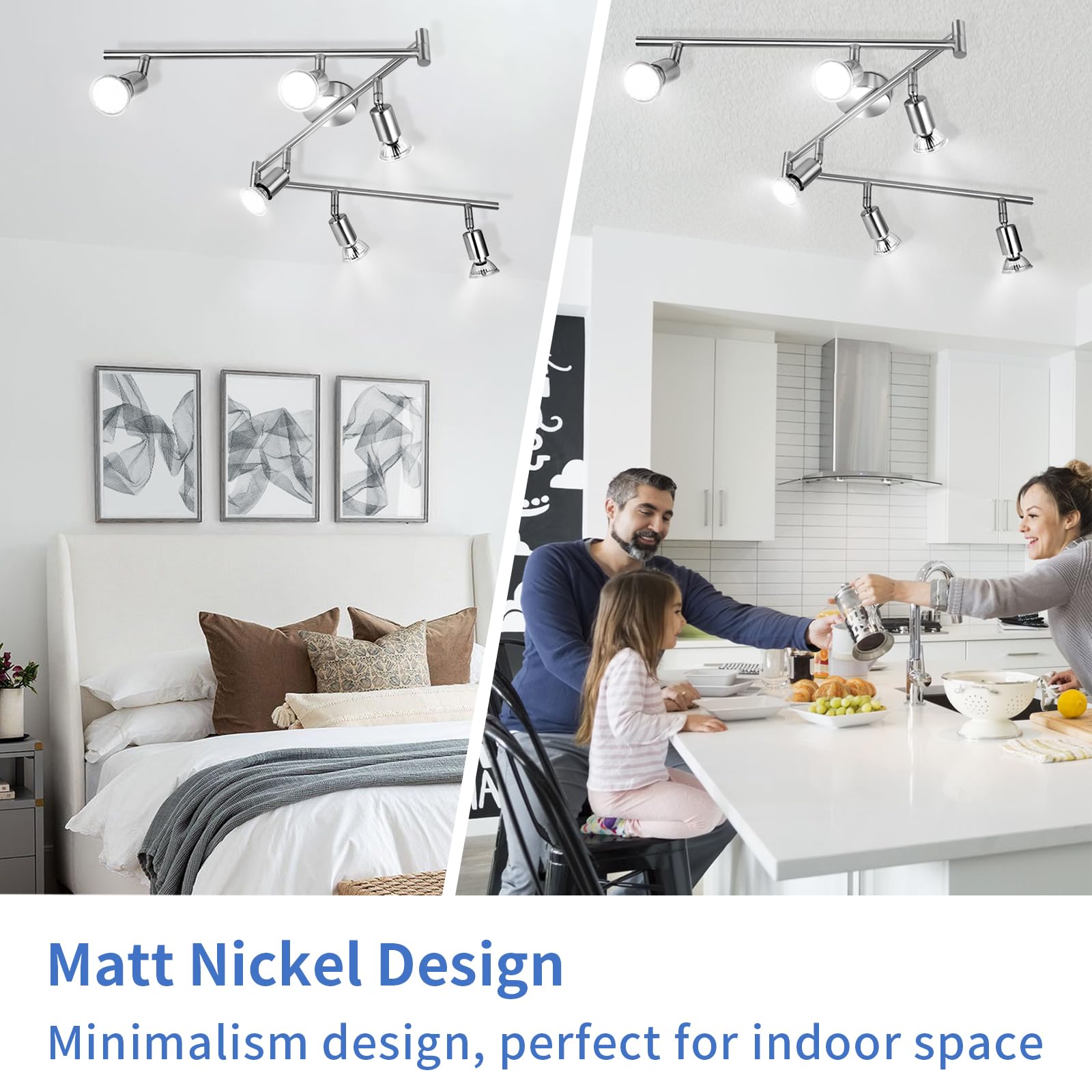wowatt Plafonnier LED 6 Spots Nickel 6x 5W Ampoules GU10 6000K Blanc Froid | Barre Spot Orientable Plafond, Luminaires Plafonnier Pivotants, Rampe de Plafond Interieur pour Chambre Cuisine Salon Couloir