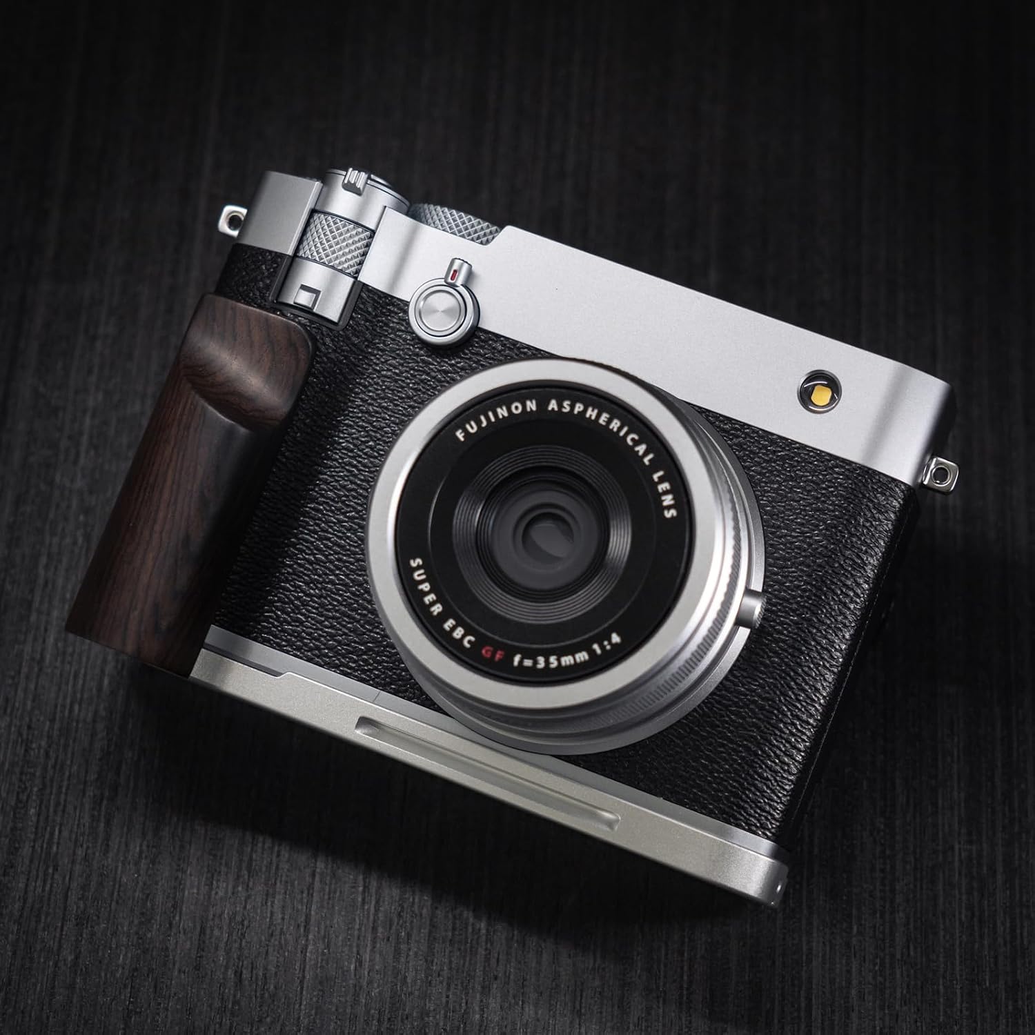 Handmade Wood Hand Grip L Plate Alloy Base for Fu ji Film GFX100RF Camera Holder (Ebony + Silver Base)