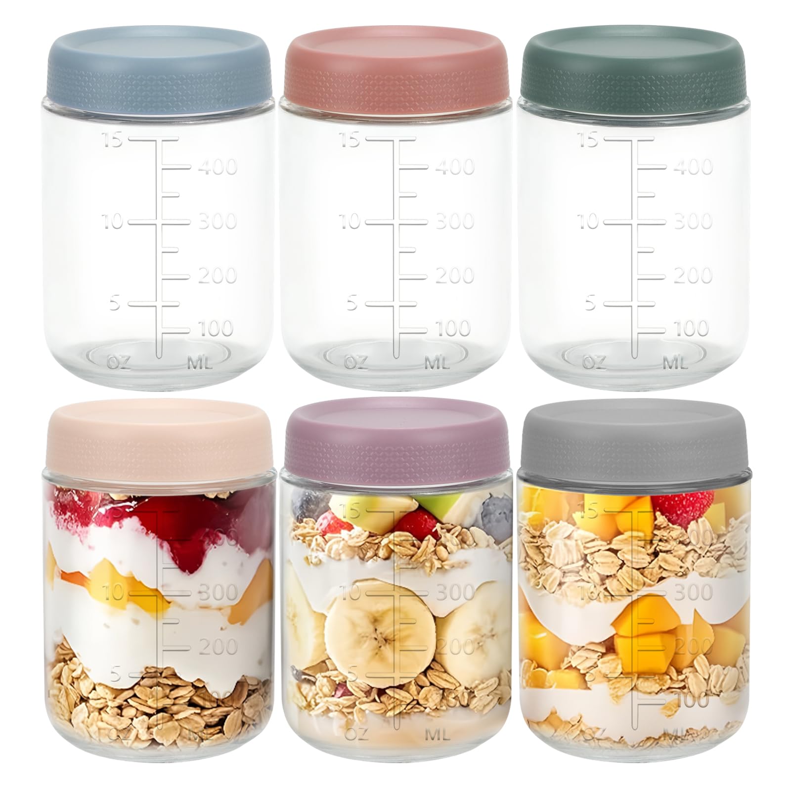 BJSSBJH 6-Pack Overnight Oats Containers with Airtight Lids, 16 OZ Wide Mouth Glass Jars with Measurement Markings, Glass Food Containers for Snack Salad Spice Sugar Food Yogurt Meal Prep (6)