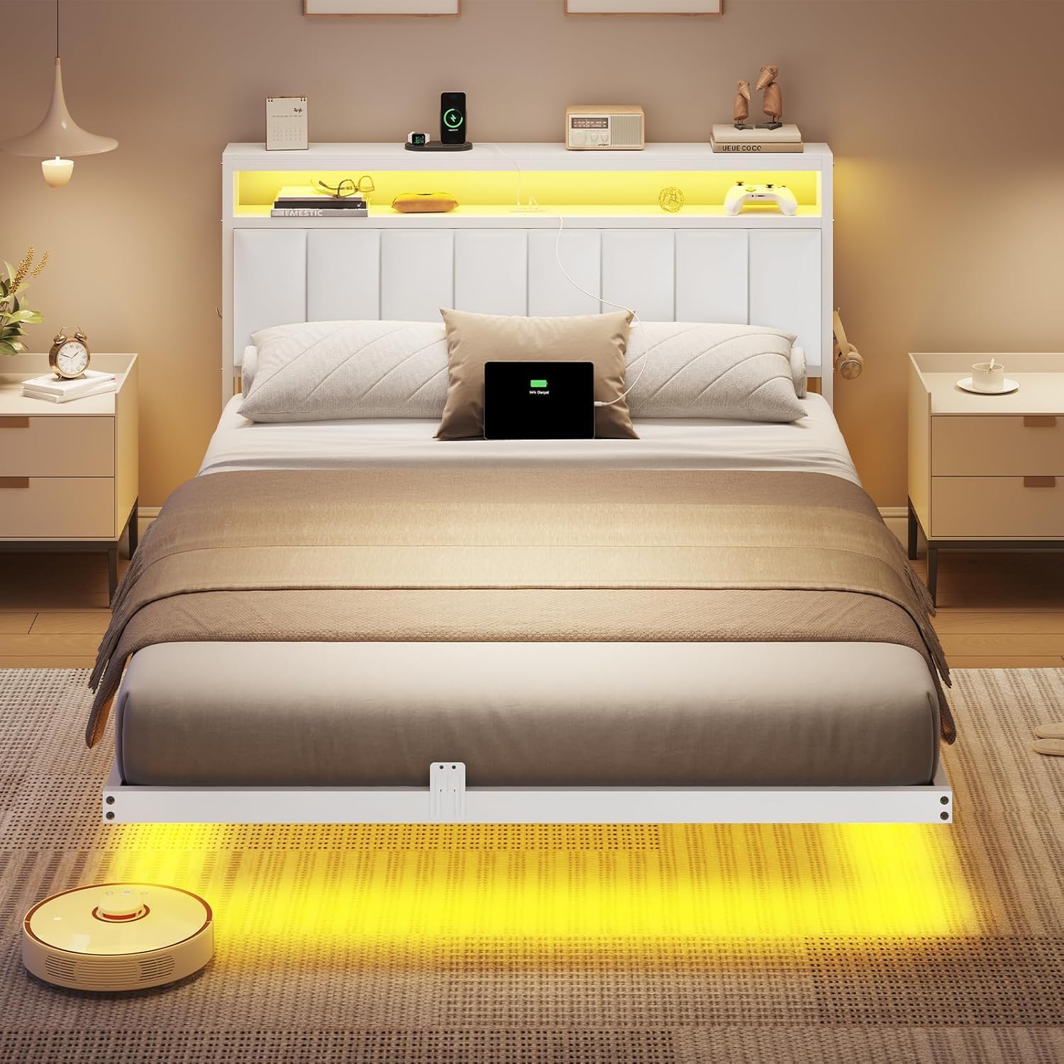 AOGLLATI Cama 140 x 190 cm con Iluminación LED y Estación de Carga, Camas Matrimoniales con Cabecero Tapizado en PU, Cama Matrimonio con Espacio de Almacenamiento, Diseño Visual Flotante, Blanco