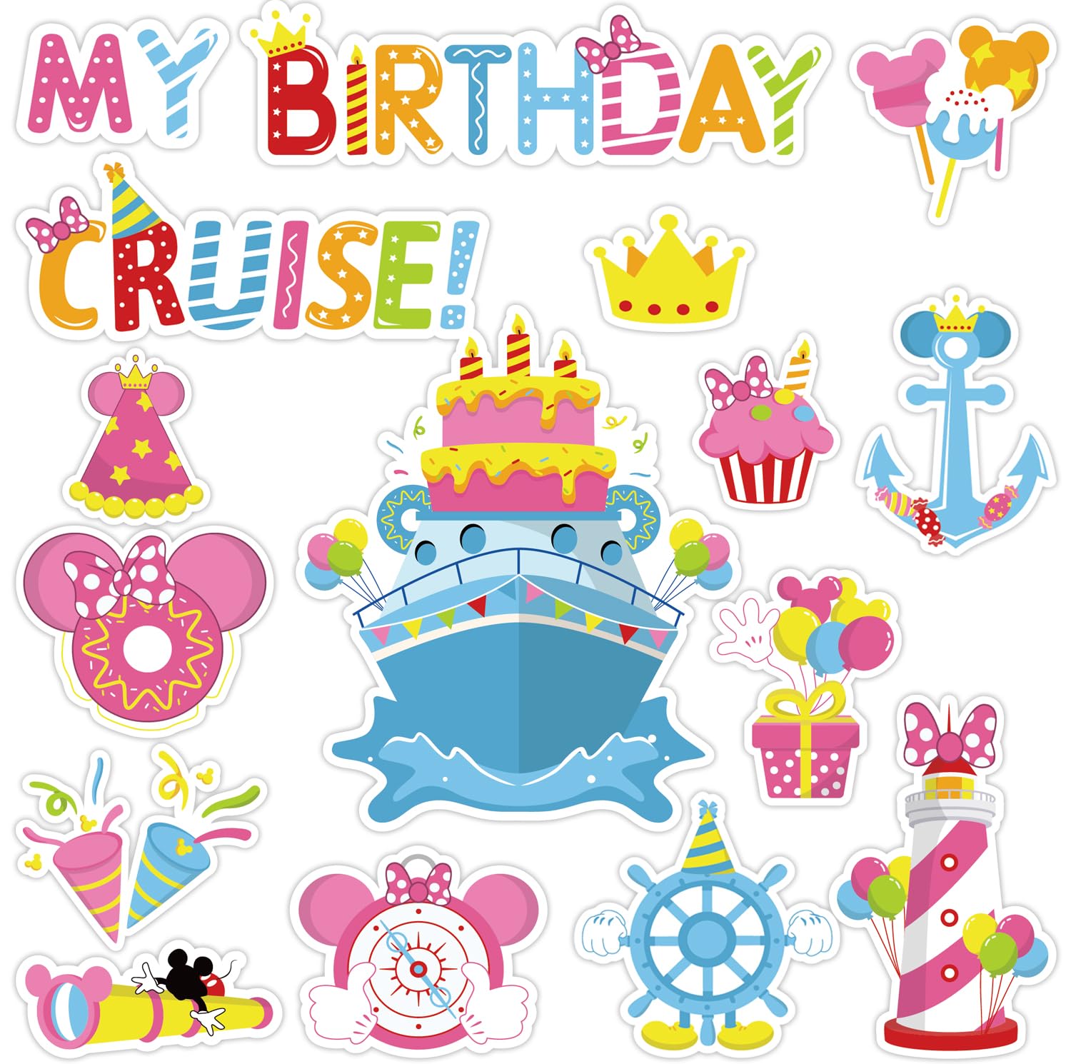 Birthday Cruise Door Magnets - 16 PCs Happy Birthday Magnet Cute Mouse Funny Magnetic Stickers for Happy Birthday Cabin Ship Carnival Refrigerator Office Car Accessories