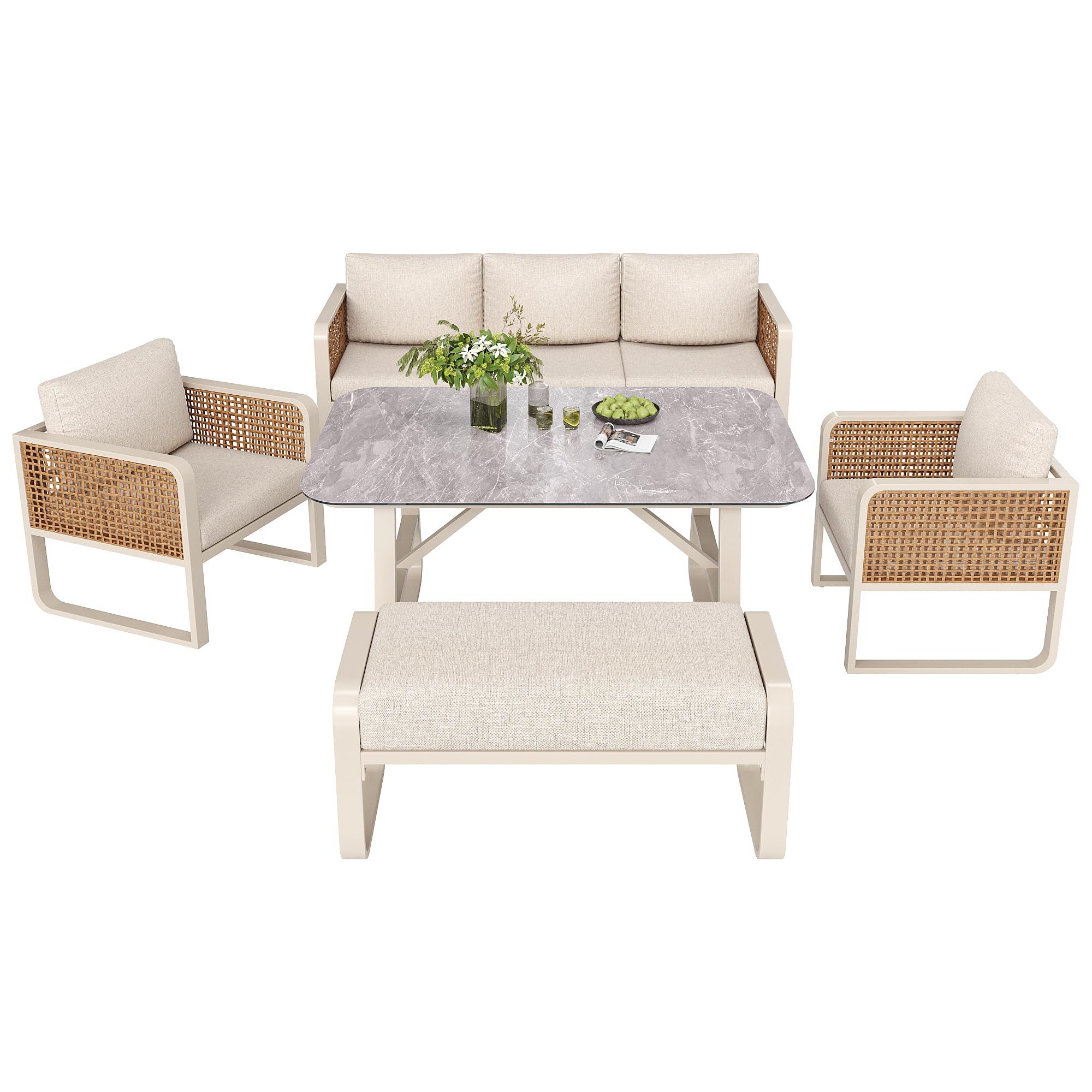 Juego de salón de jardín para 6 – 7 personas, ratán sintético, incluye mesa auxiliar, sofá de jardín con cojines lavables, patas ajustables para terraza, balcón, jardín, color beige