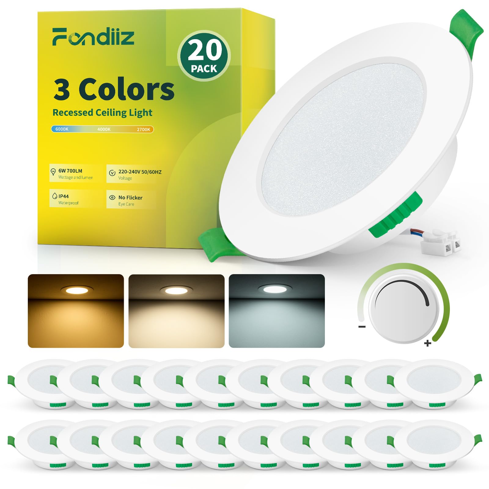 Fondiiz 20 Pack LED Downlights for Ceiling Dimmable 6W Recessed Ceiling Lights
