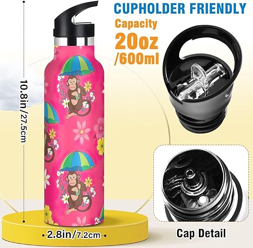 Miniatura 2 de Botella de agua para niños con popote para la escuela, a prueba de fugas, botella de agua aislada de 20 onzas, sin BPA, paraguas marrón, verde, azul