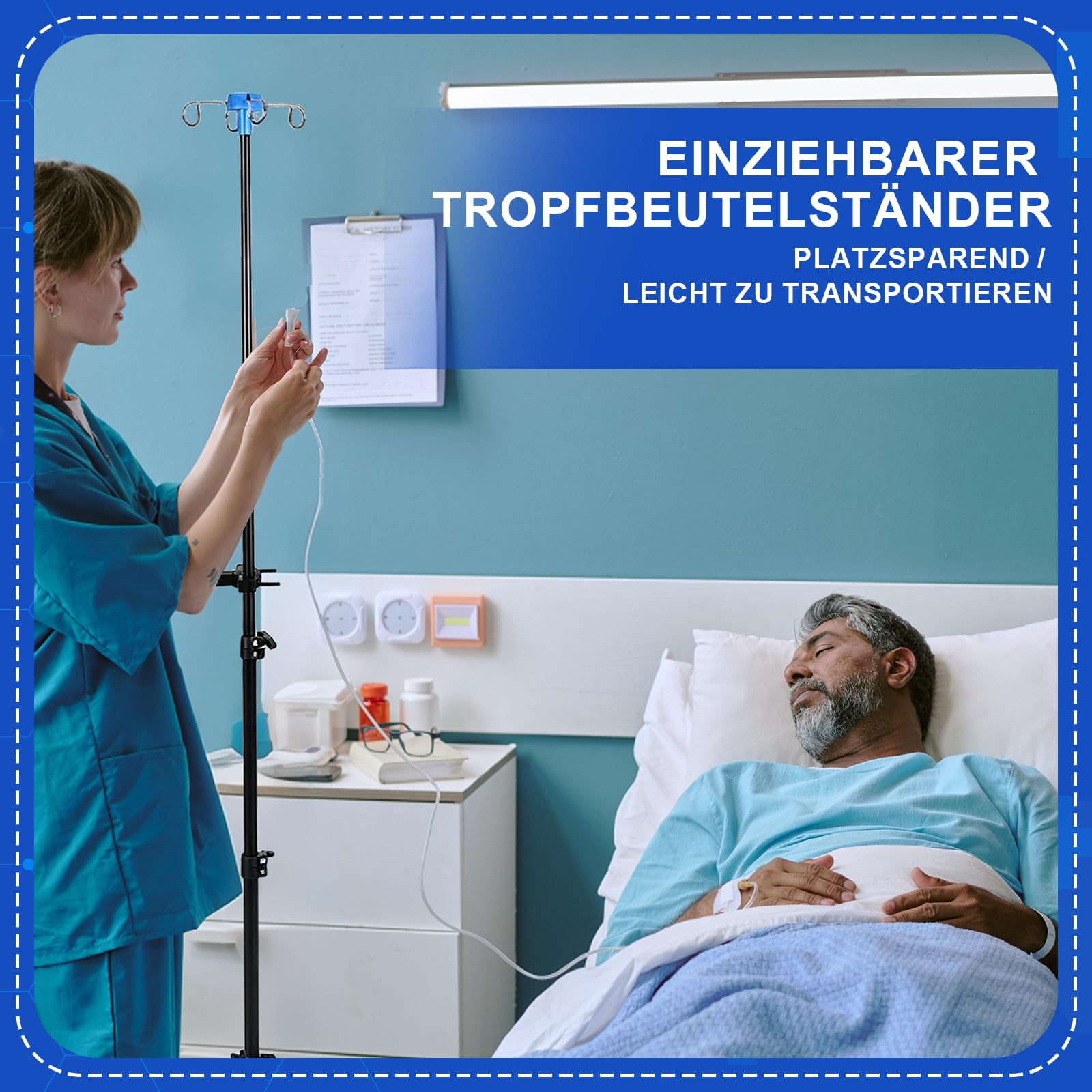 Der Tragbare Infusionsständer ist Zwischen 90 und 190 cm Höhenverstellbar und Verfügt über 4 Haken und 3 Netztaschen, Wodurch er Sich für Krankenhäuser Die Häusliche Pflege und Kliniken Eignet