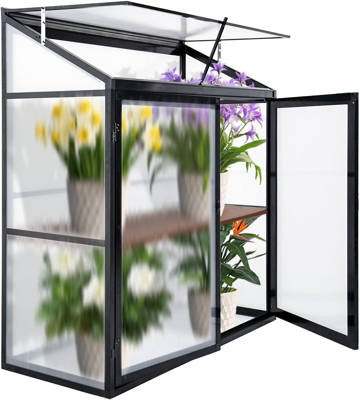 Polycarbonate Greenhouse Walk-in Green House Kit Garden Plants Grow,Aluminum Lean to Greenhouse Small Tomato Grower Double Door 140 x 55 x 130 cm Black Perfect for Home Gardening and Vegetab