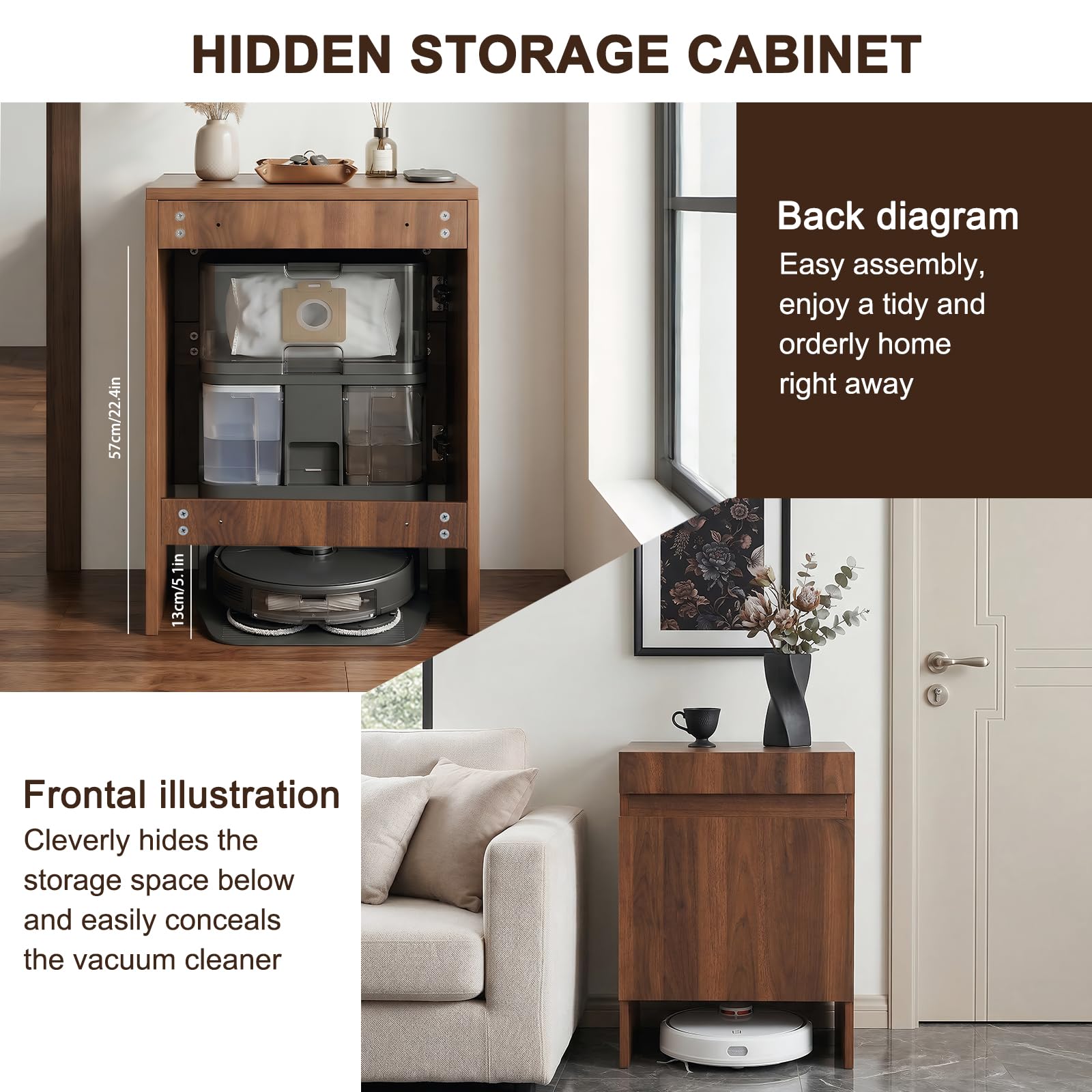 Robot Vacuum Storage Cabinet with Doors Robot Vacuum Cabinet with Pull-Out Top Wood Freestanding Rack for Small Space Bedroom Kitchen Office Home