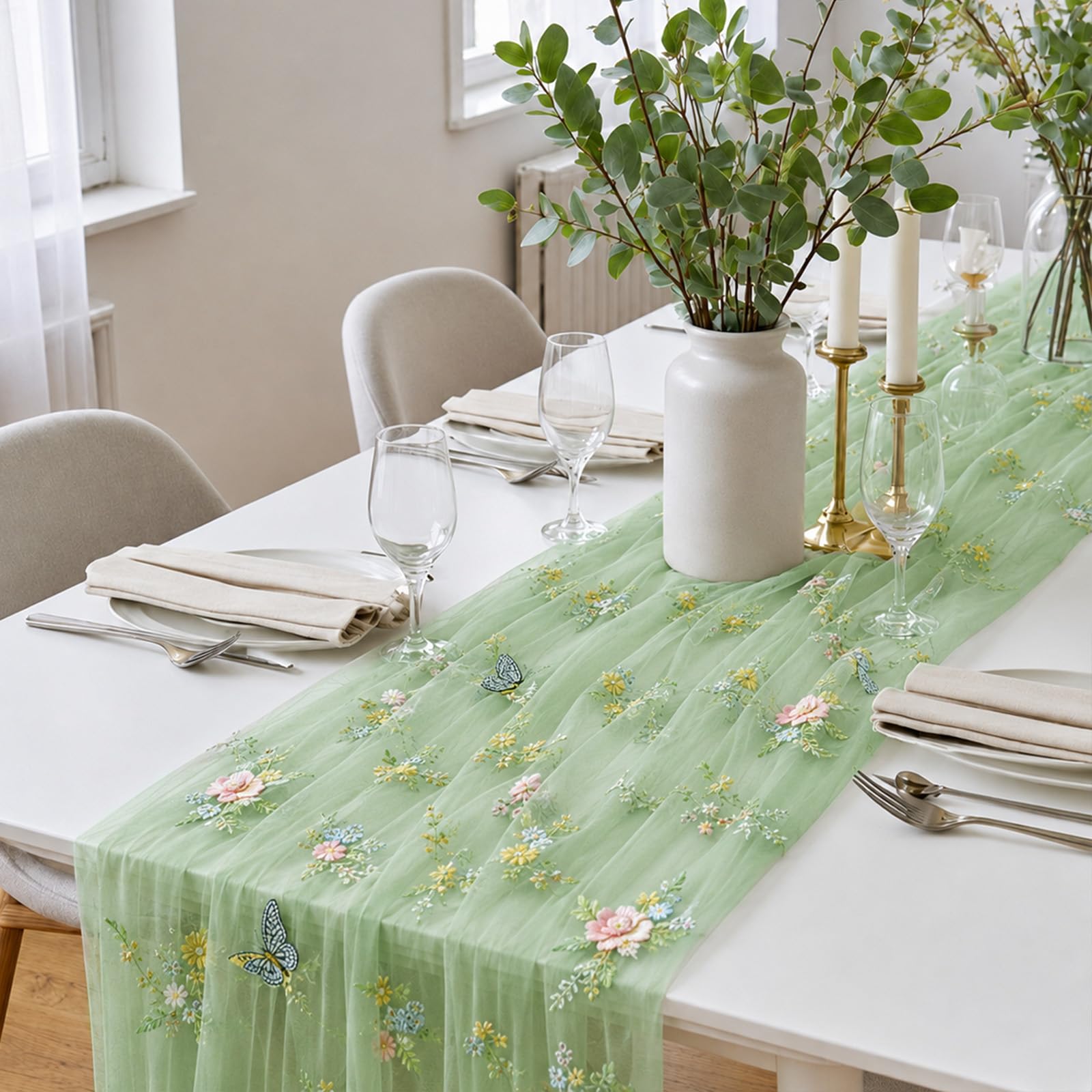 Embroidered Floral Table Runner Gauze Dining Table Cloth Decor 70X280CM