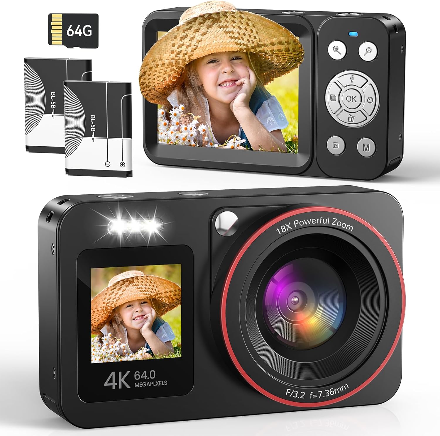 Digital Camera 4K 64MP Compact Digital Cameras 18X Zoom Digital Camera with 64 GB Card with 2 Batteries, 2 Screens for Children Students Beginners, Black