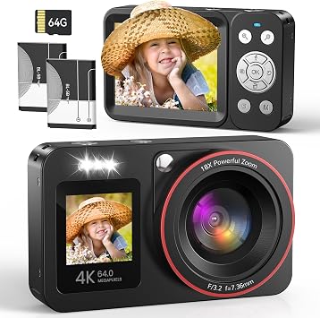 Digitalkamera 4K 64MP Vlogging Fotokamera Kompaktkamera 18X Digitalzoom Kamera für Kinder mit 2 Bildschirme 2 Batterien 64GB SD Karte für Kinder Teenager Anfänger Schwarz