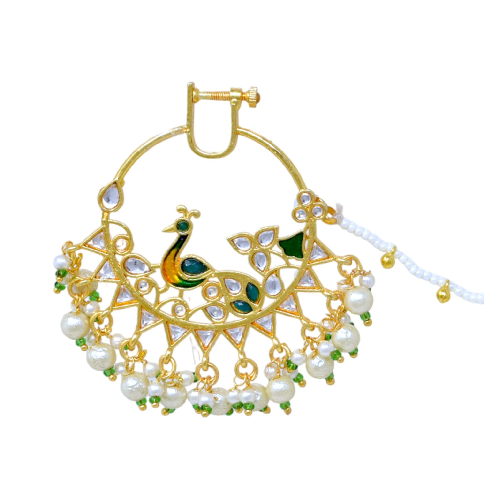 Meira Jewellery Brass Ethnic Gold plated piercing nose ring for bridal studed with pearl chain and stone nath 101 for Women (Green) (B0C14YTBF5) Amazon Price History, Amazon Price Tracker