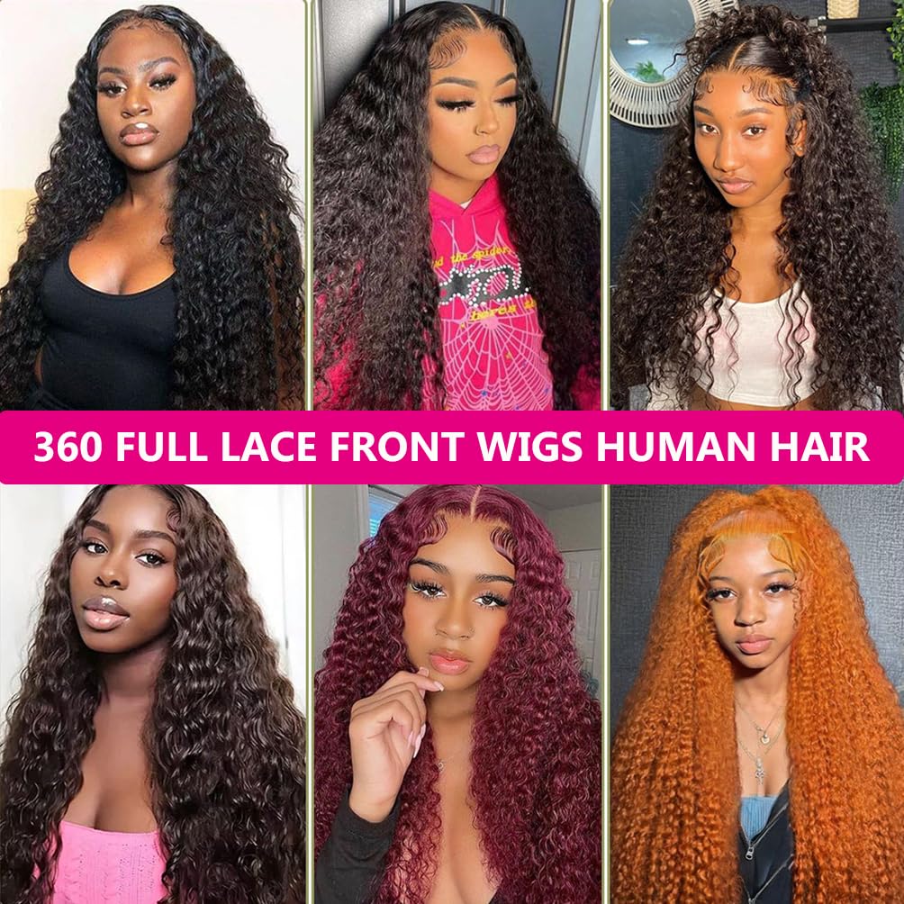 360 Lace Front Wigs Human Hair Hidden Strap Deep Wave Lace Frontal Wig Pre Plucked Drawstring Wig Human Hair 200 Density HD Full Lace Front 360 Glueless Wigs for Women 26inch
