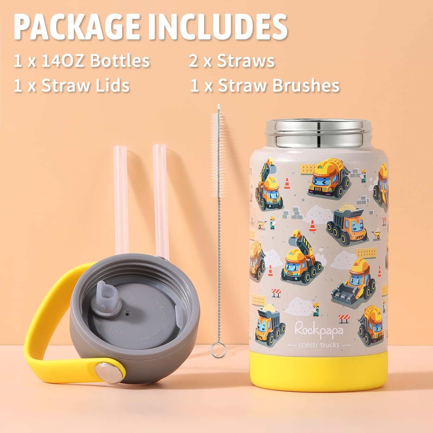 rockpapa 14 oz Kids Insulated Water Bottle,Stainless Steel Toddler Cups with Straws, BPA Free, Leak-Proof, Kids Water Bottle for School Boys& Girls (Grey Constr Trucks) - Image 6